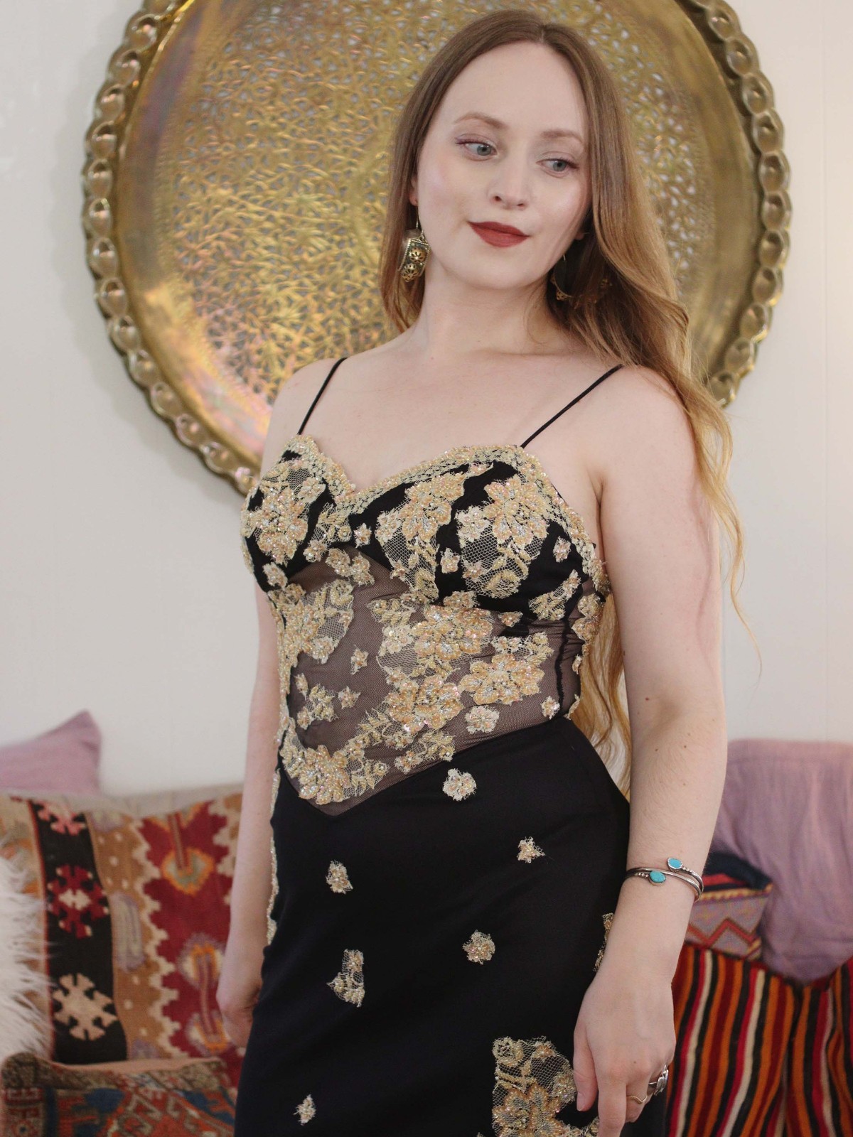 Y2K Cassandra Stone Dress Sheer Black Mesh Champagne Gold Lace Prom Dress 2000s