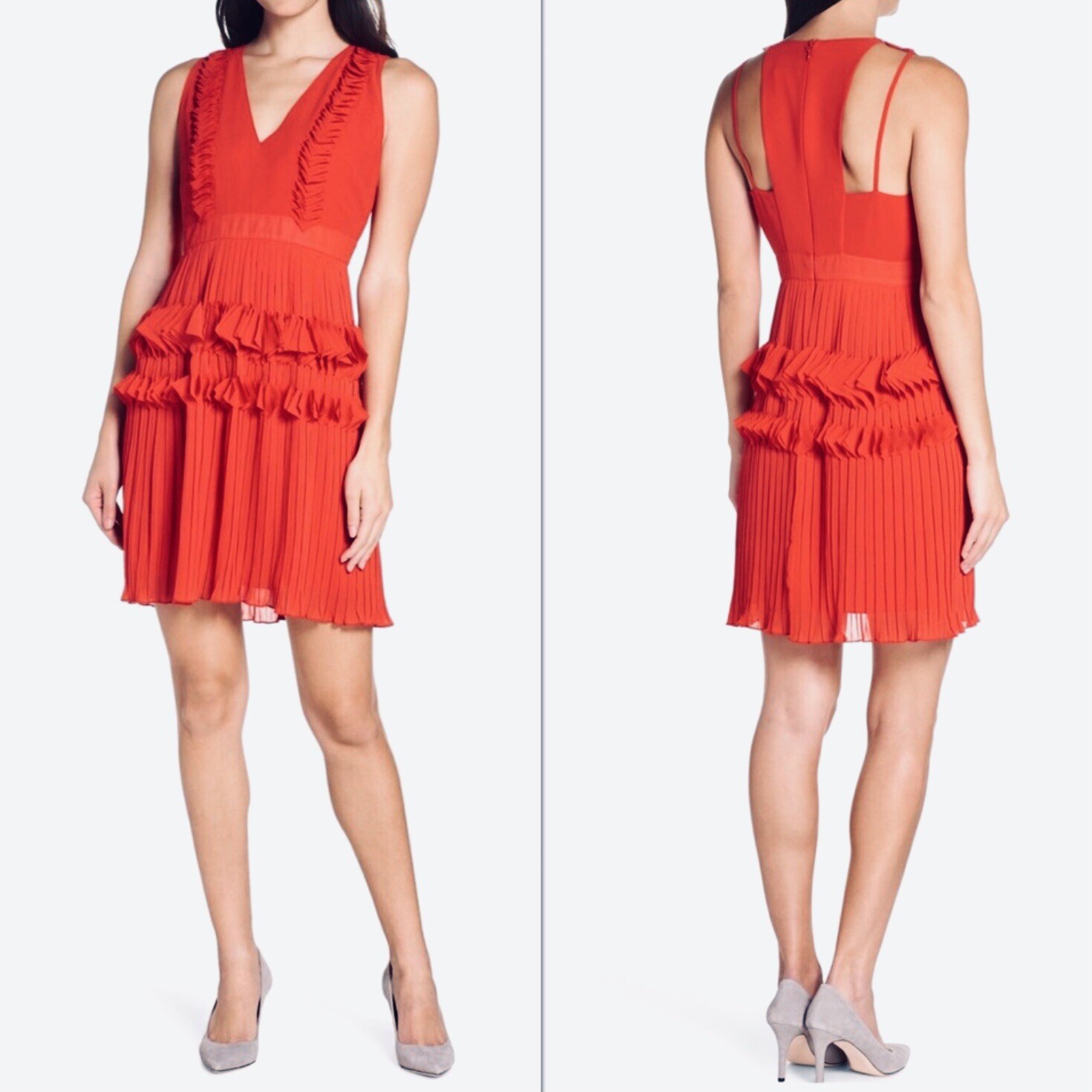 Foxiedox Red Pleated Ruffle Dress Sz S VNeck Zipper Lined Wedding Guest Party