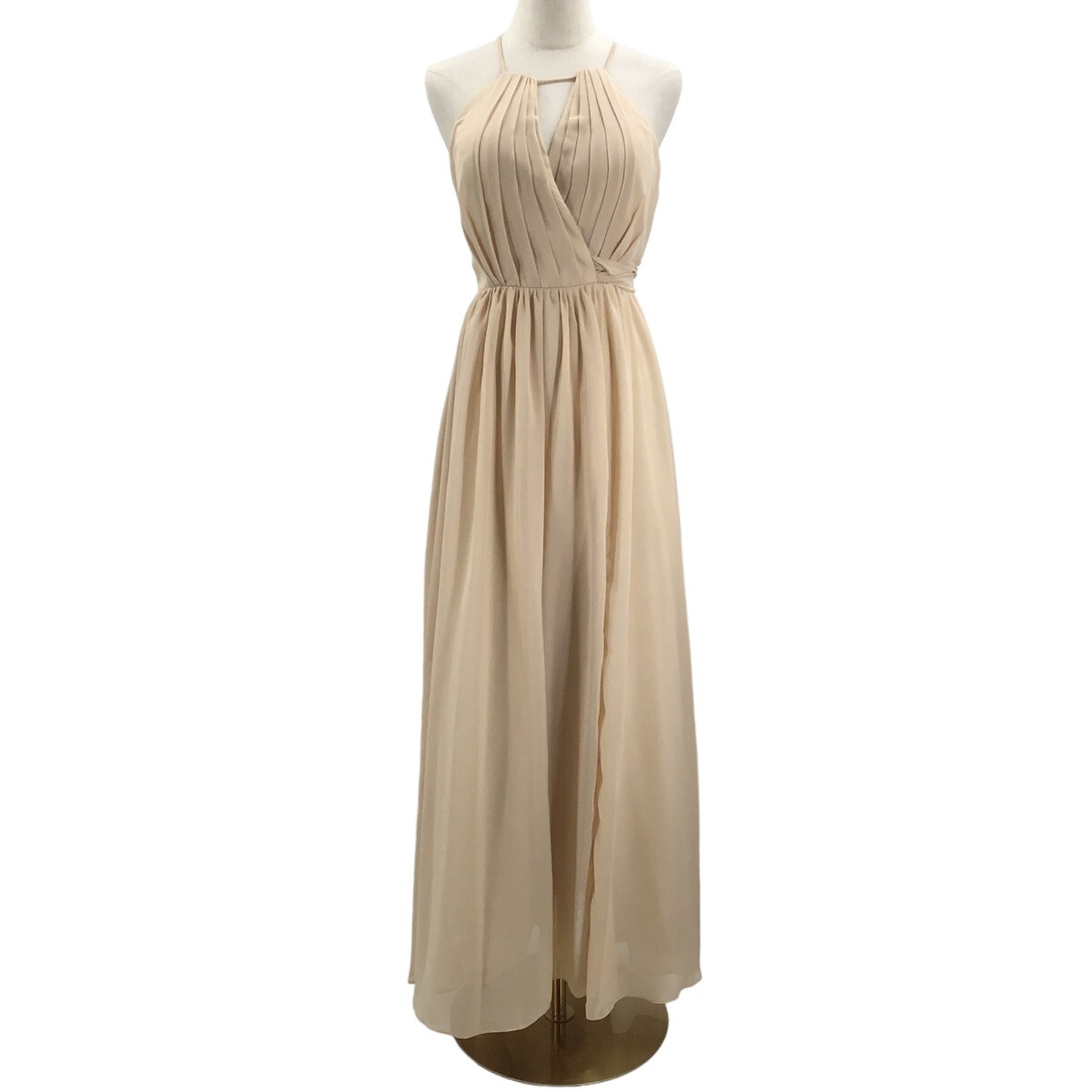 FORMAL SZ 4 S cream tan keyhole pleated halter bridesmaid maxi dress NEW 0B8