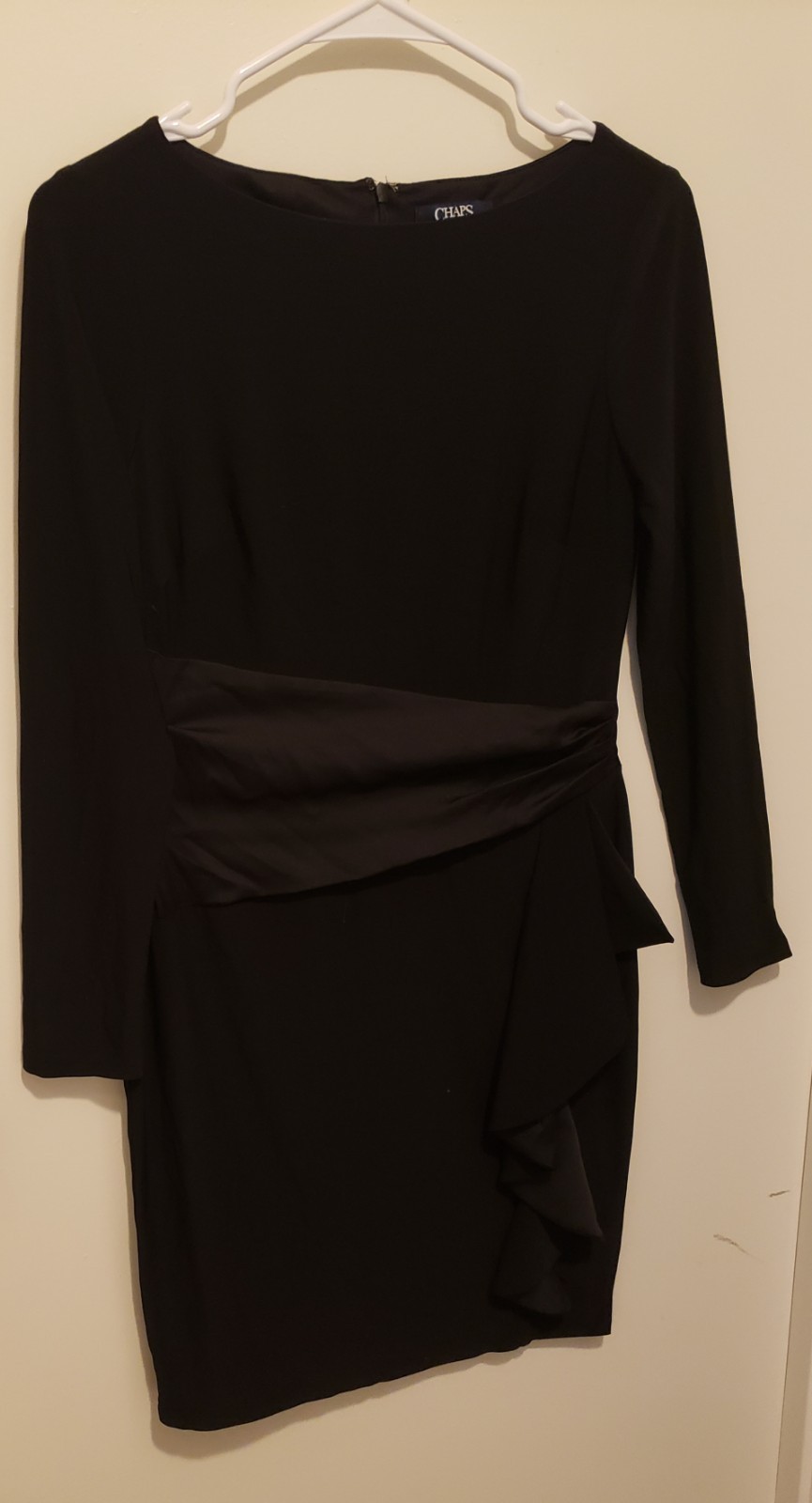 CHAPS Size Petite, LS Black Cocktail Dress with Shirred Waist & Cascading Folds