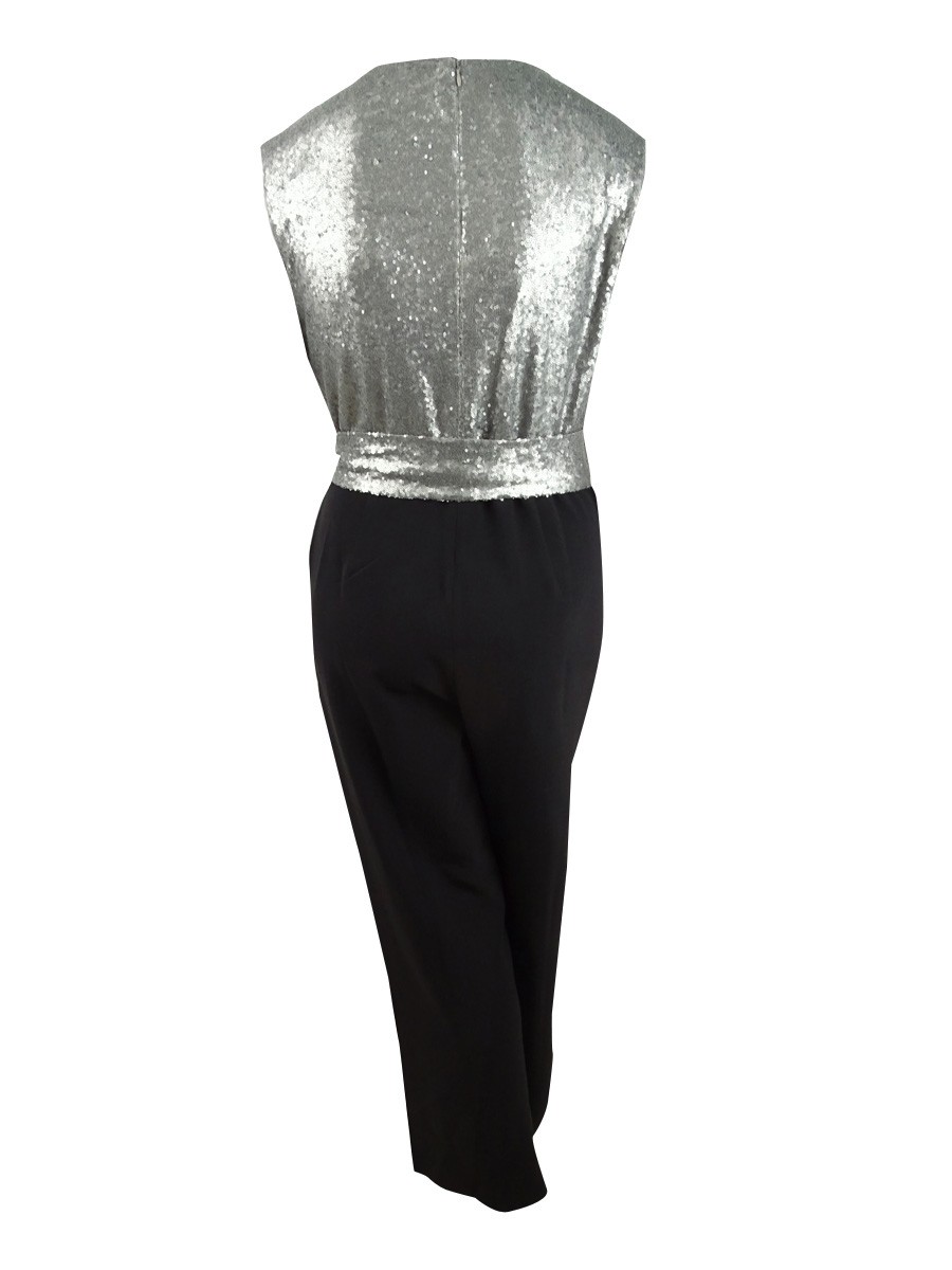 Tahari ASL Women’s Sequinned Straight-Leg Jumpsuit (12, Silver/Black)