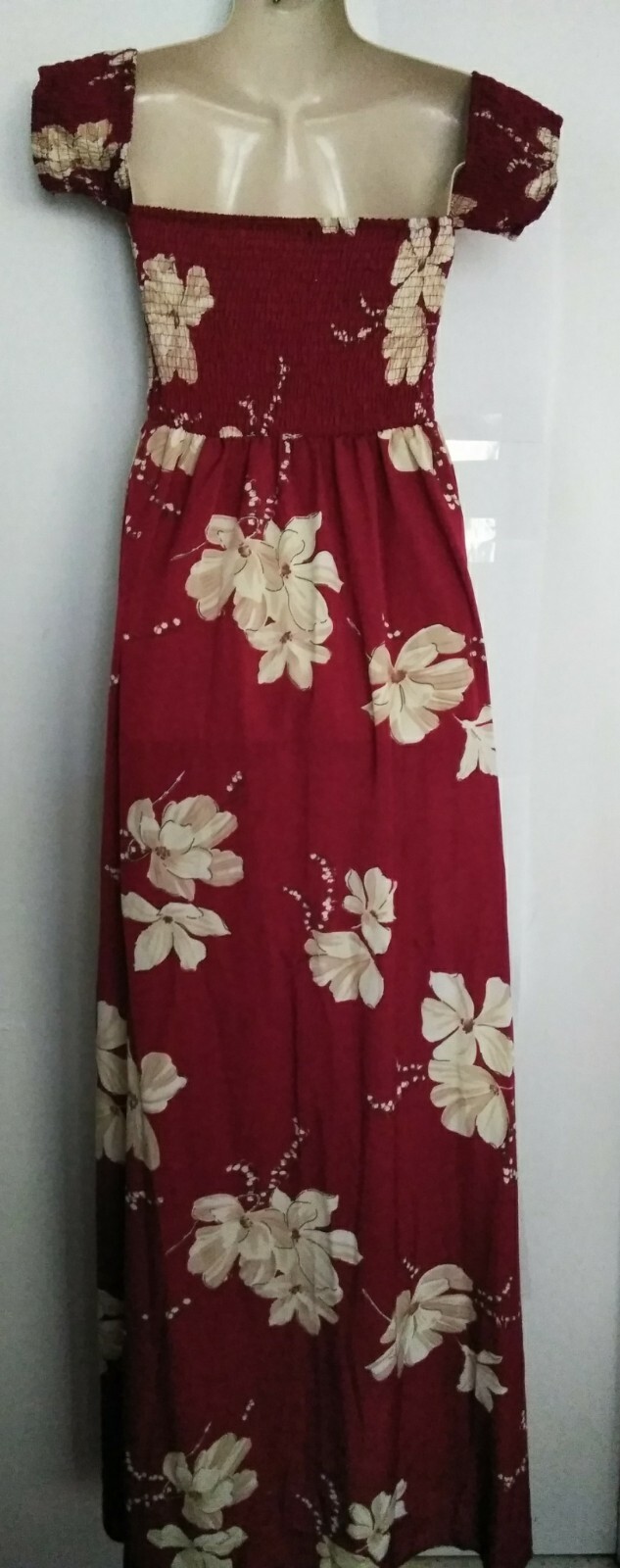 Pretty Burgundy* Cream Floral Off Shoulder Elastic Waist High Low Maxi M