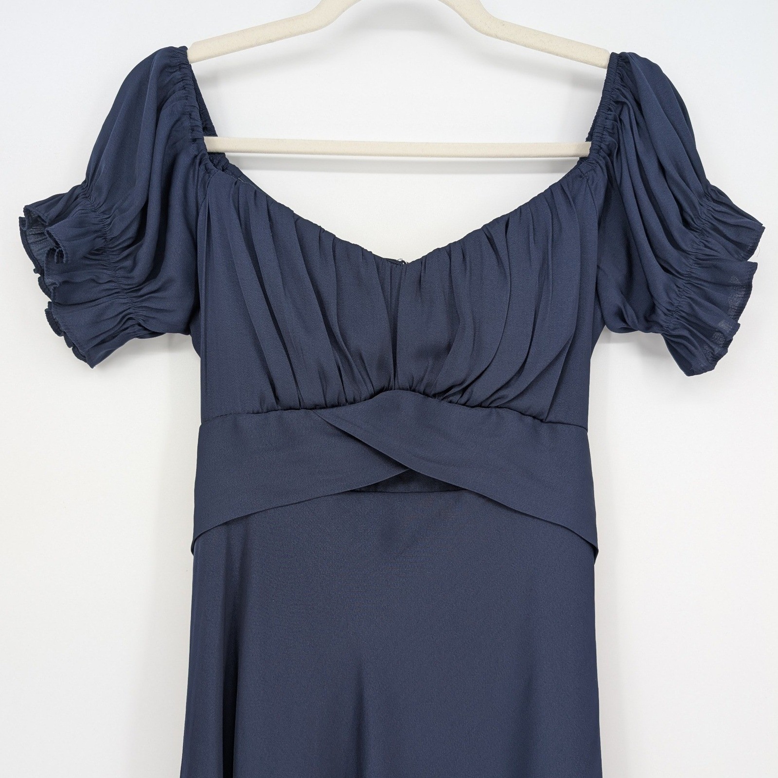 Saints & Secrets Satin Off Shoulder Midi Dress L Navy Blue Puff Sleeve Romantic