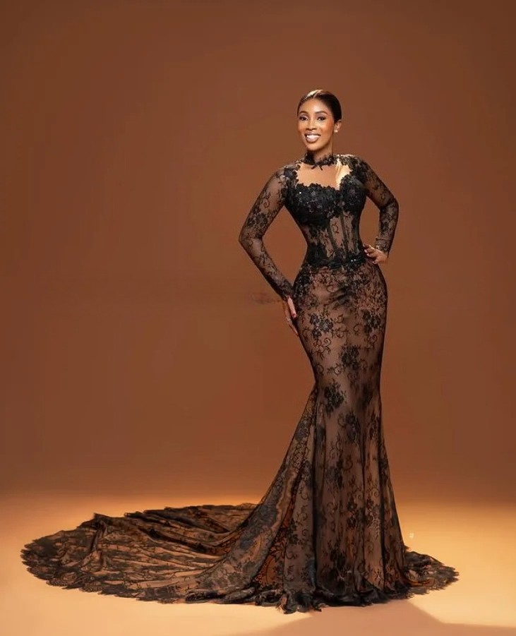 High Neck Long Sleeve Black Lace Corset Mermaid Evening Dress Long Train Custom