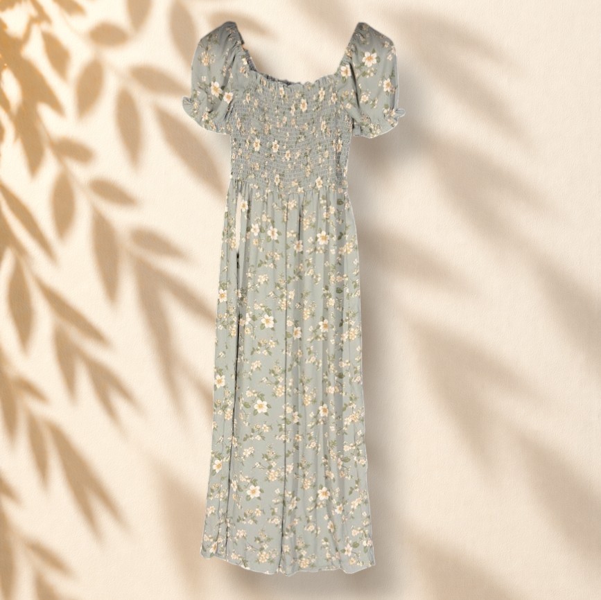 Inspired Hearts Dress Women M Medium Gray Floral Maxi Long Stretch Short Sleeve