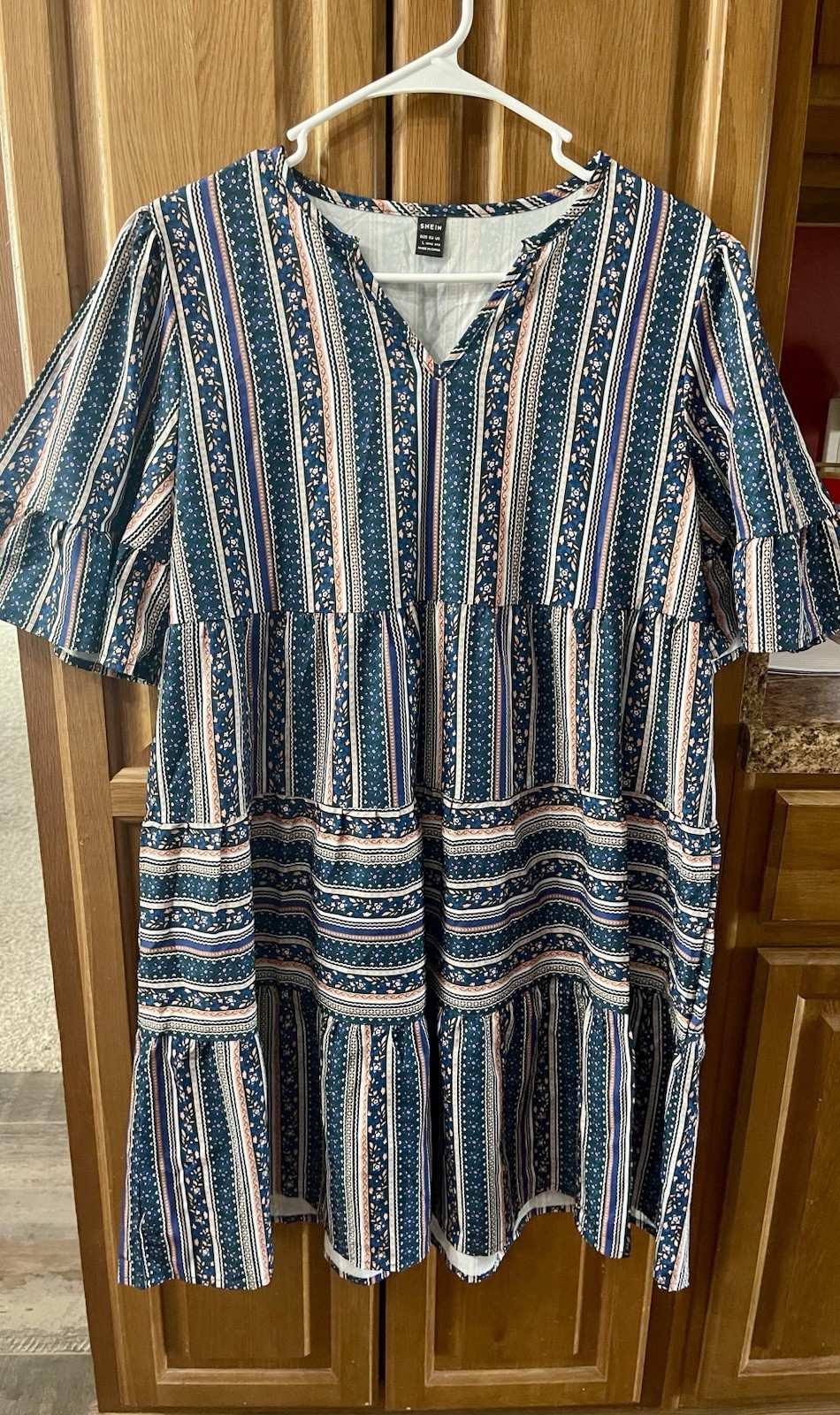 Large Striped Tiered Knee Length Dress Short Ruffle Sleeve Boho
