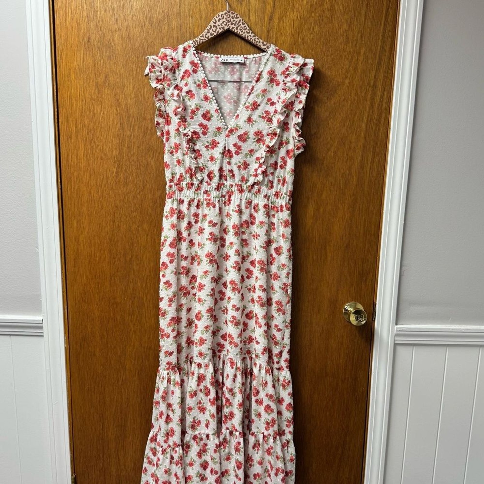 Zara Sleeveless Ruffle Swiss Dot Floral Print Long Midi Dress White Large L