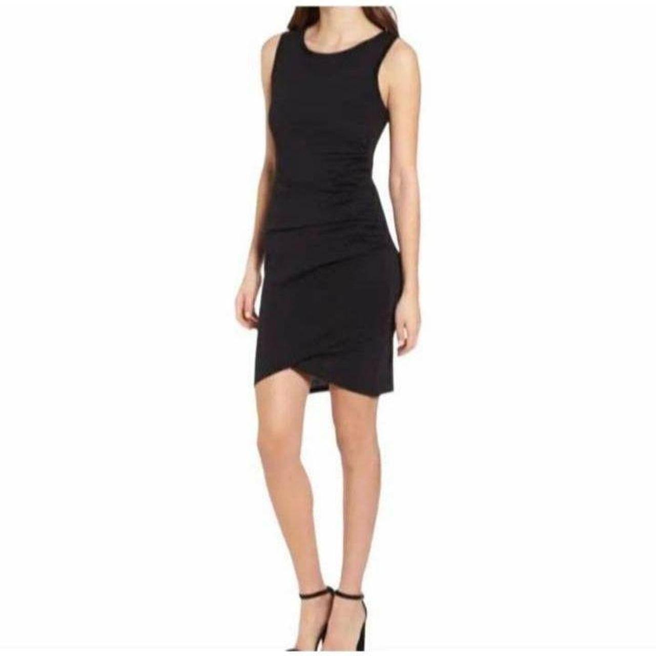 Leith Bodycon Sleeveless Crew Neck Dress Asymmetrical Ruched Black XSmall