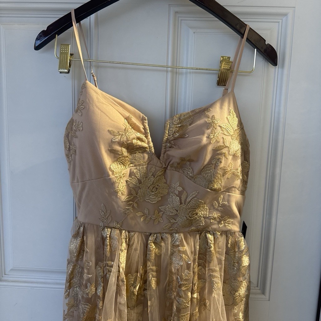 Jump Beige Gold Floral Embroidered Tulle V-Neck Maxi Dress Juniors 7/8