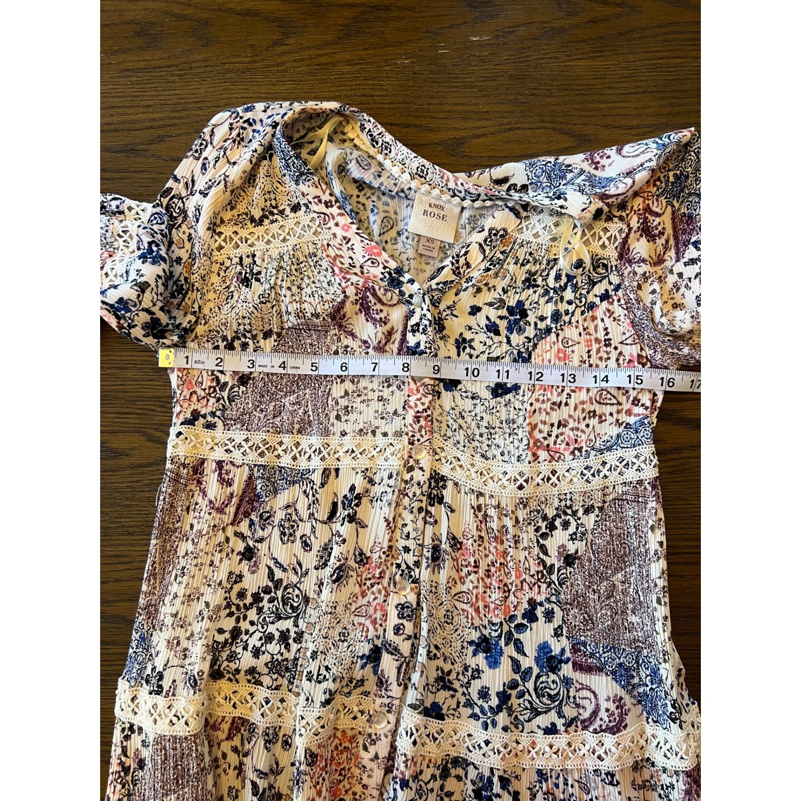 Knox Rose Mini Dress Rayon Crinkle Floral Paisley Patchwork Boho Bell Sleeve XS