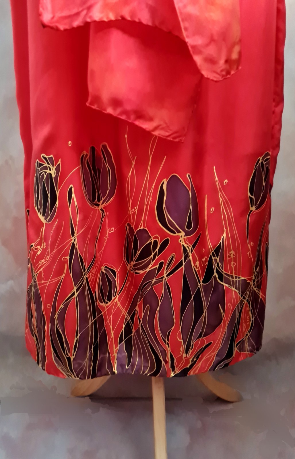 Bespoke Hand Painted Signed Silk Red/Black Tulips Summer Party Dress with Shawl
