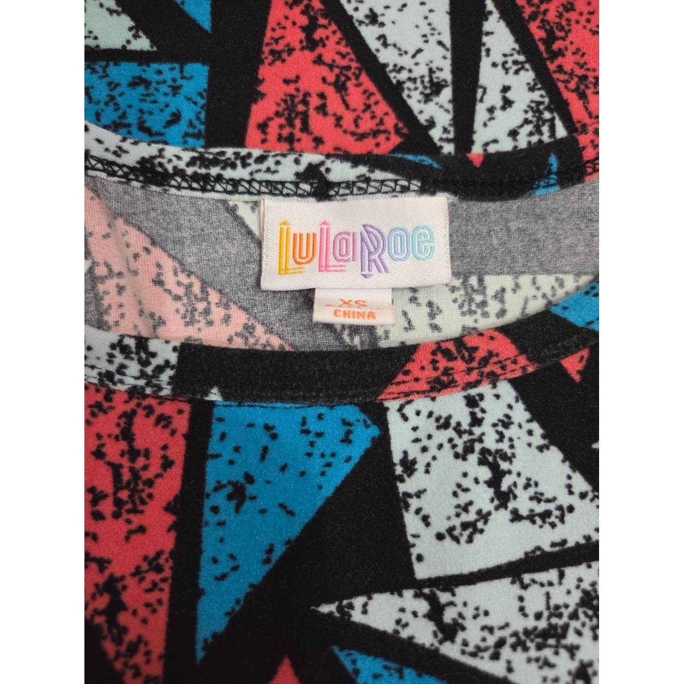 LuLaRoe Geometric Midi Dress in Black, Coral, Teal & White