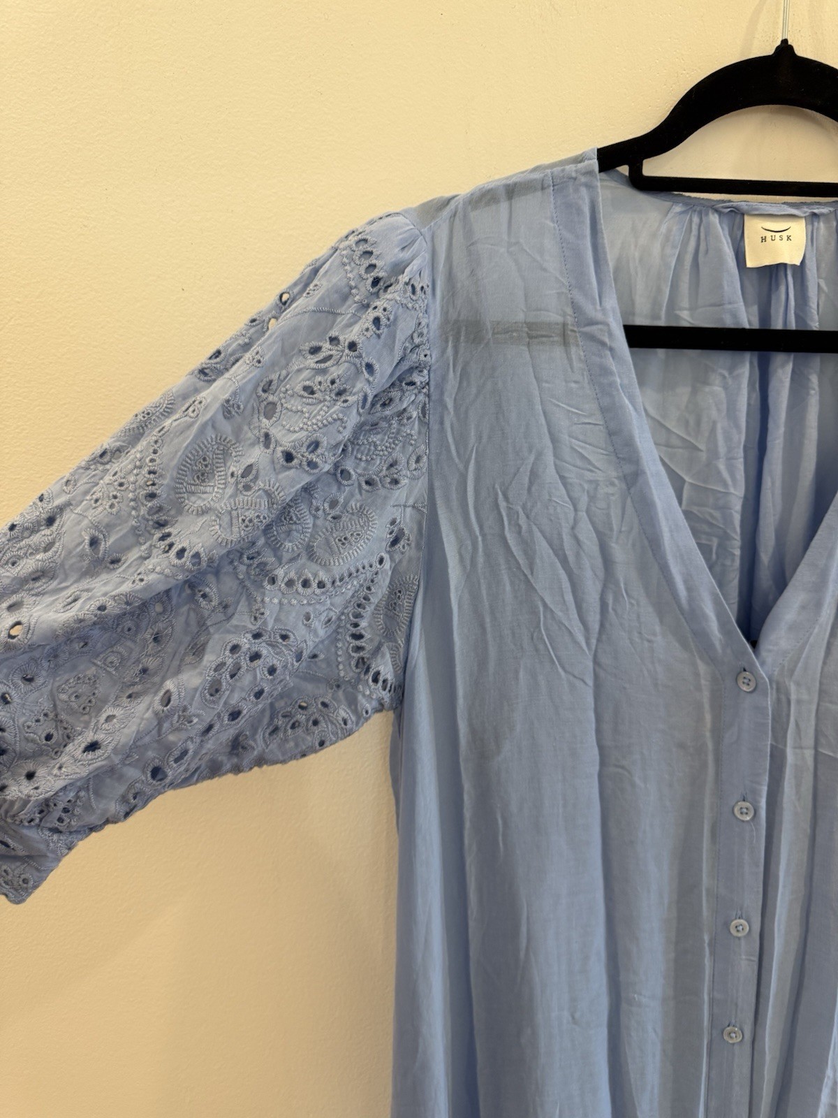 Husk Baby Blue Button Up Smock Dress With Eyelet Ballon Sleeves And Hem Size 16
