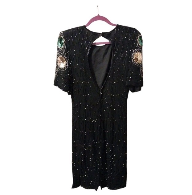 Vtg Laurence Kazar Beaded Sequin Cocktail Dress Size L Black Christmas NWT
