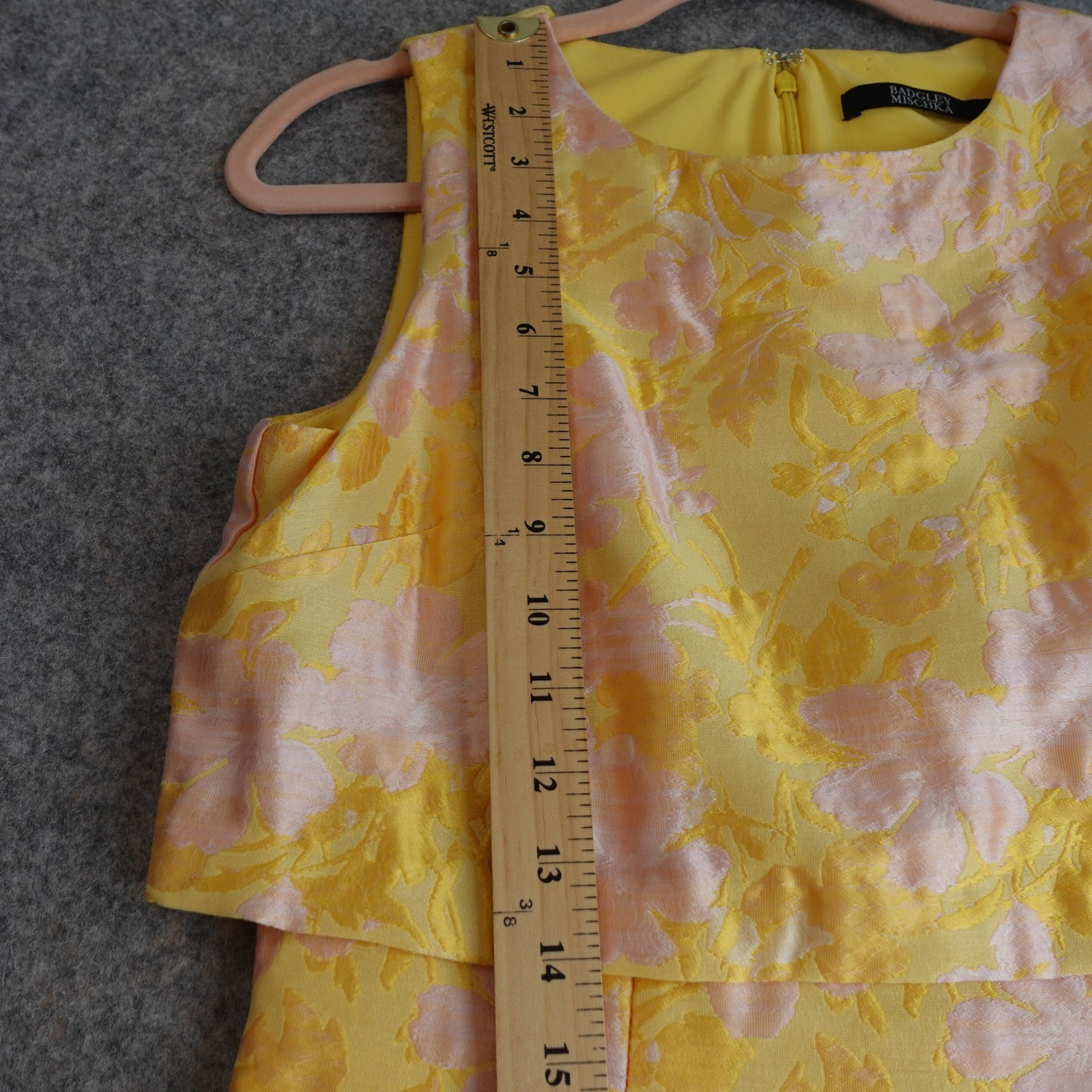 Badgley Mischka 60s Retro Floral Brocade Sheath Dress 4 Yellow Pink Cocktail Mod