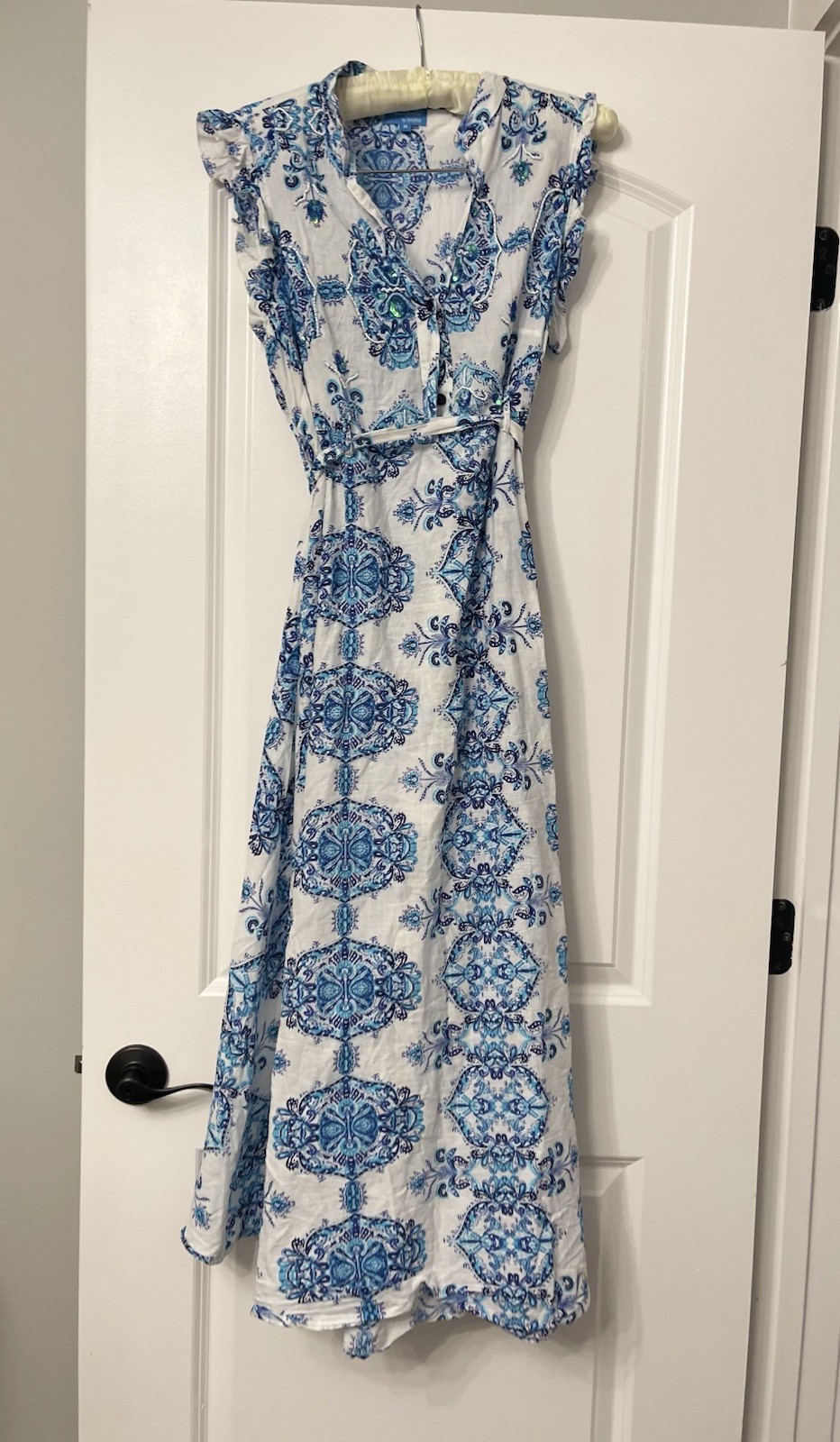 Coastal Isle Bonita By Sigris Whit Boho Midi Dress Cotton M Sequins Belted Beach