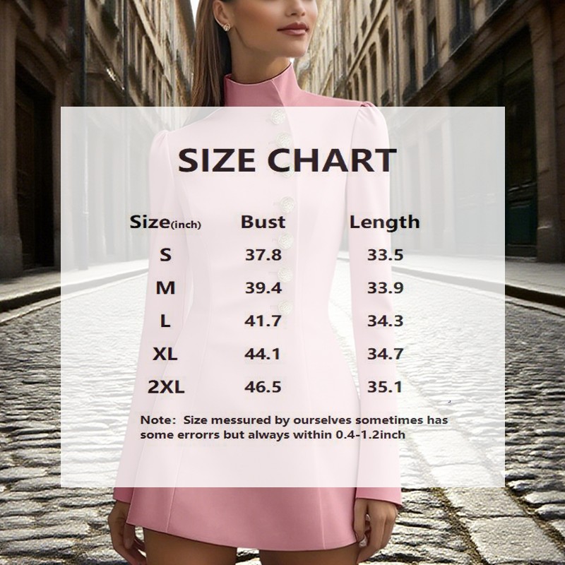 Women’s Solid Color Stand Collar Single-Breasted Blazer Dress – Long Sleeve Slim
