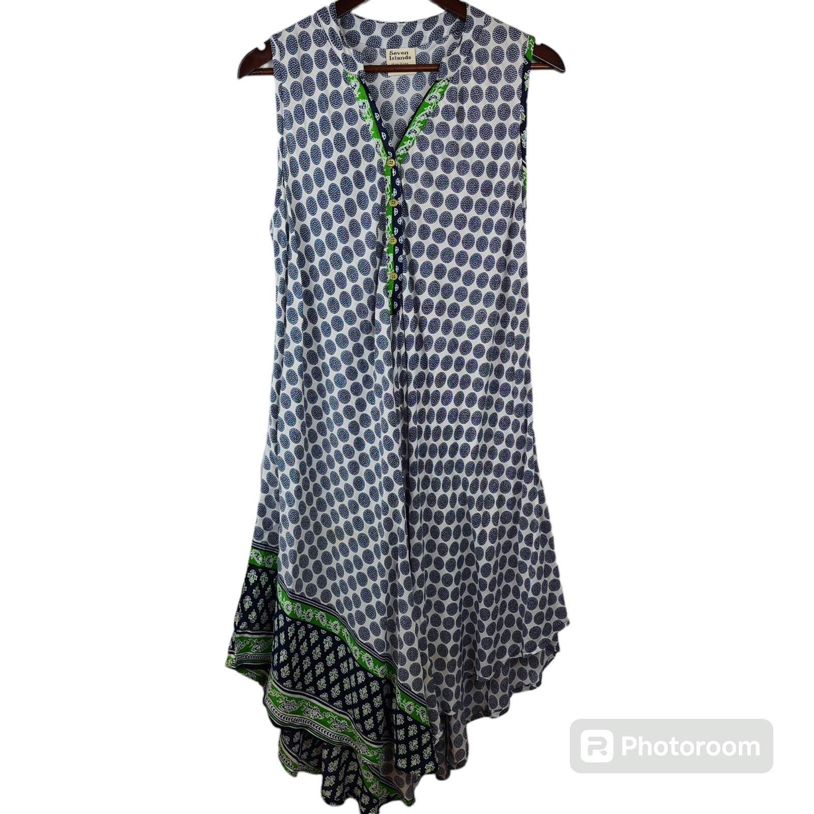 Seven Islands New York Rayon Maxi Dress Polka Dot Boho Sleeveless M Resort Beach