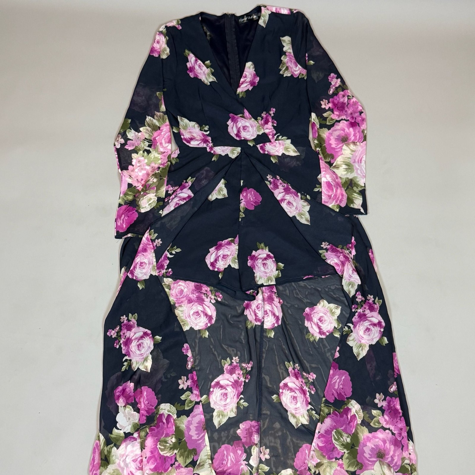 Crystal Doll Women’s Floral High Low Maxi Dress Size Small Navy Pink Rose Shee