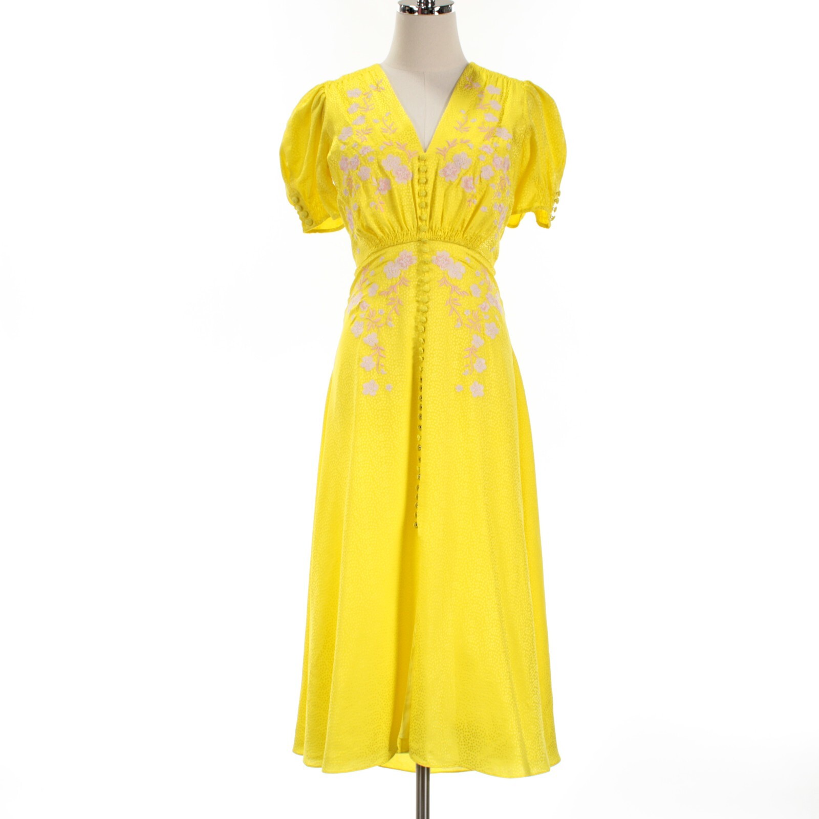 Saloni NWD Dotty Stamped Satin Midi Dress Size 2 US in Bright Yellow/Pink Silk