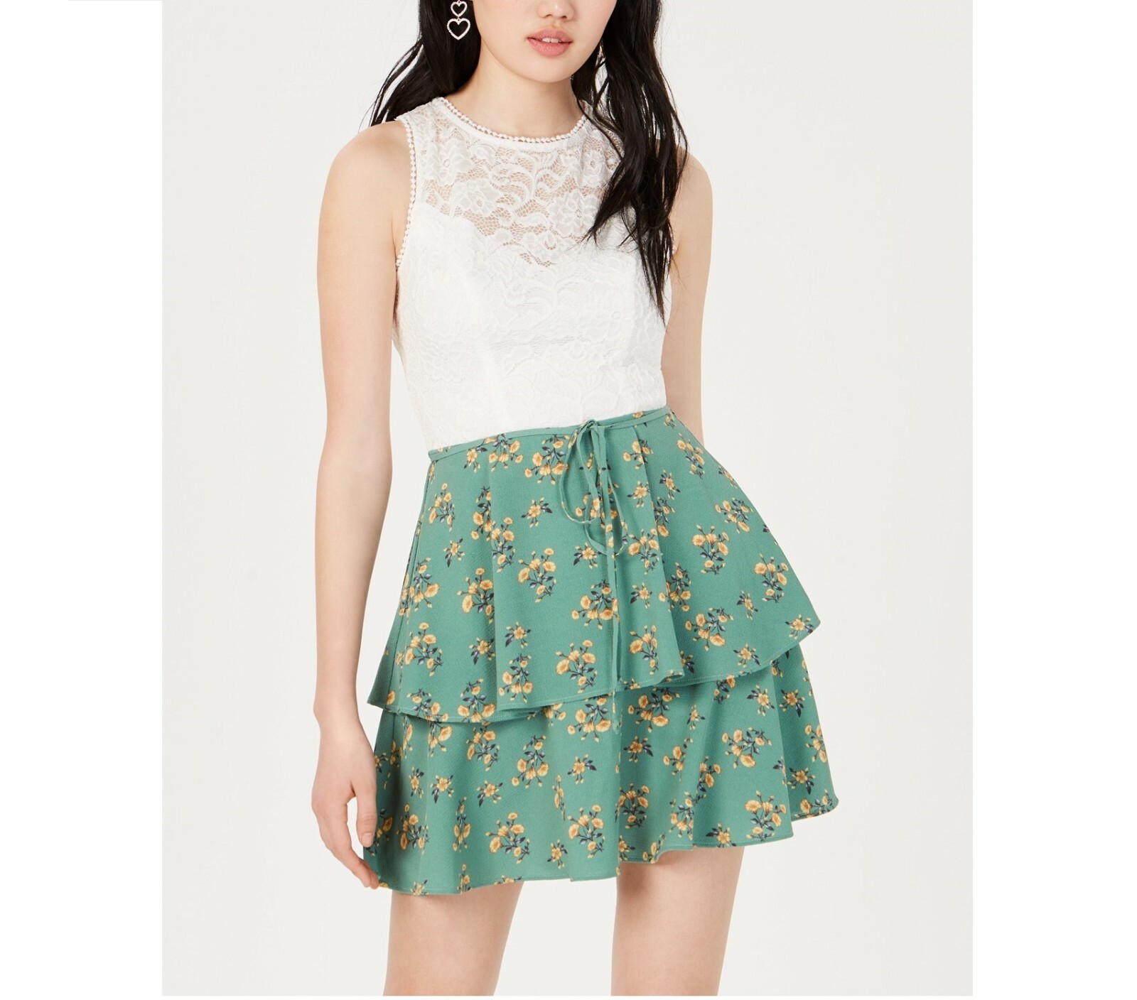 Teeze Me Junior Womens 1/2 Green Ivory Lace Floral Print Fit Flare Dress NWT