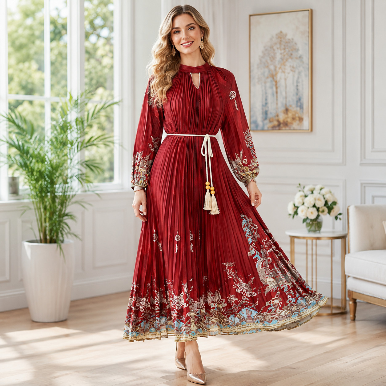Pleated Tassel Belt Maxi Dress – Boho Vintage Print Long Sleeve Dress for Women
