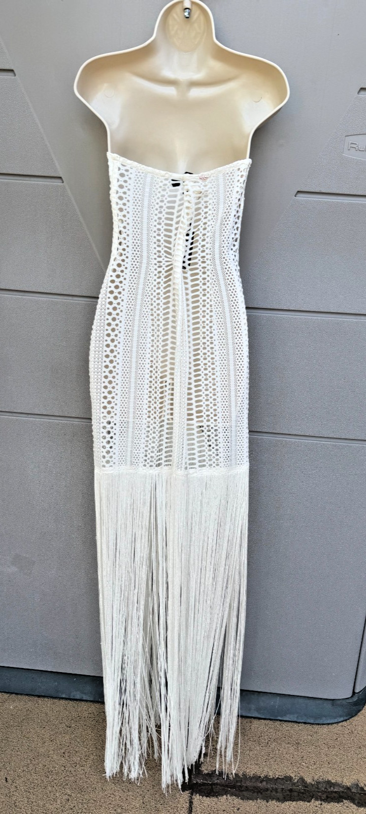 Michael Costello x REVOLVE Raelyn White Fringe Crochet Maxi Dress Sz L Resort