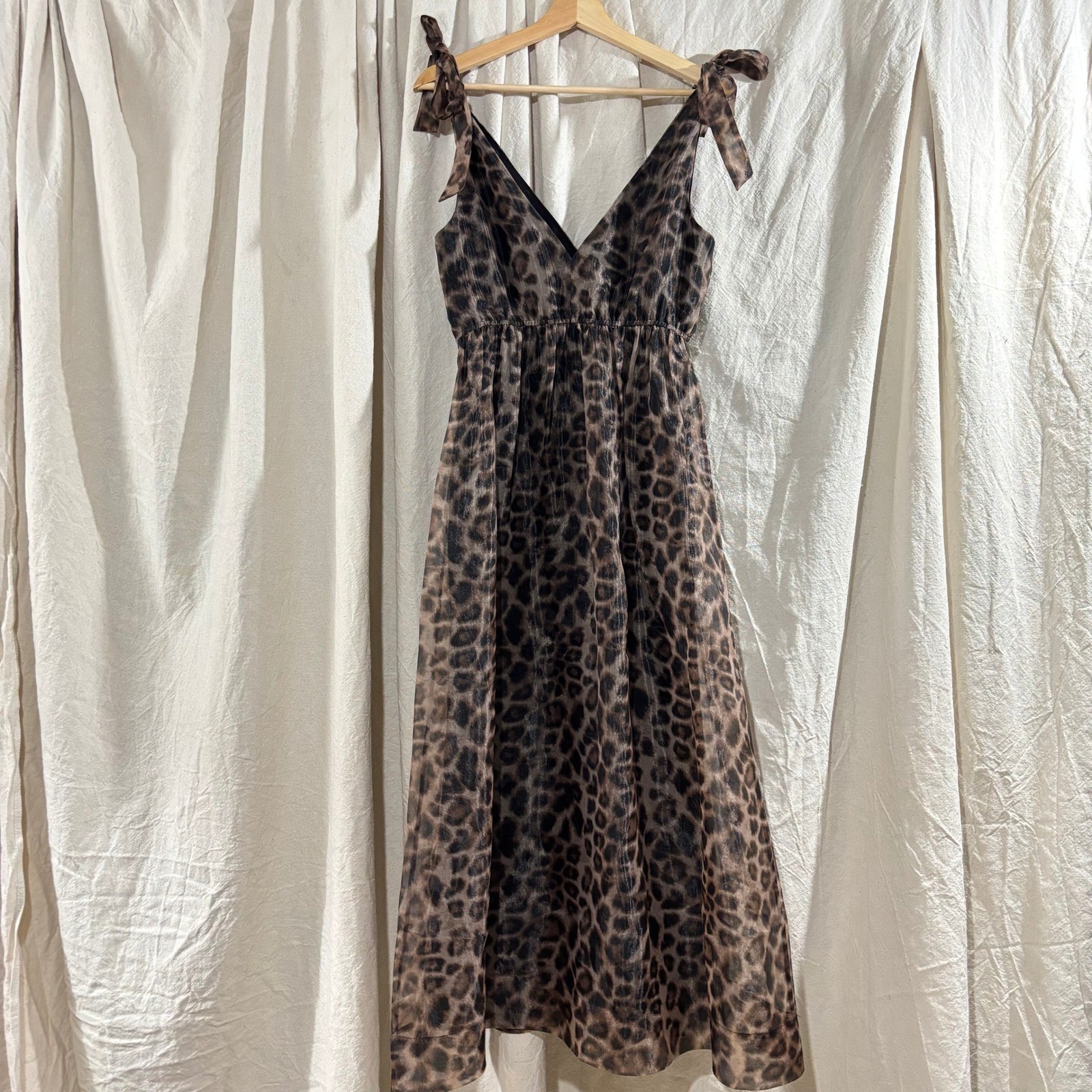 Leopard Print Tie Shoulder Organza Maxi Empire Waist Dress Brown Black Small