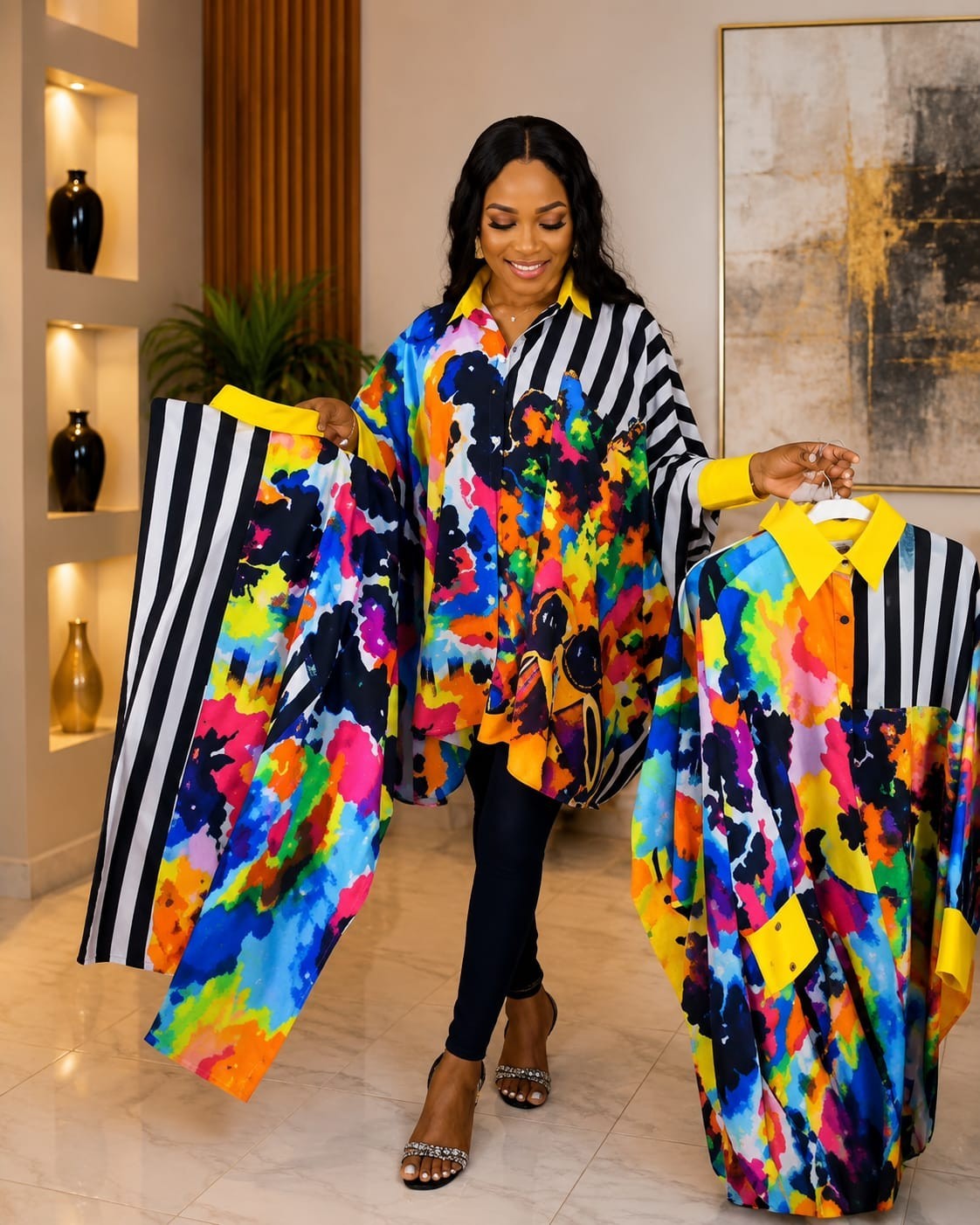 Oversized Multicolor Graffiti Print Button Down Boubou Shirt One Size