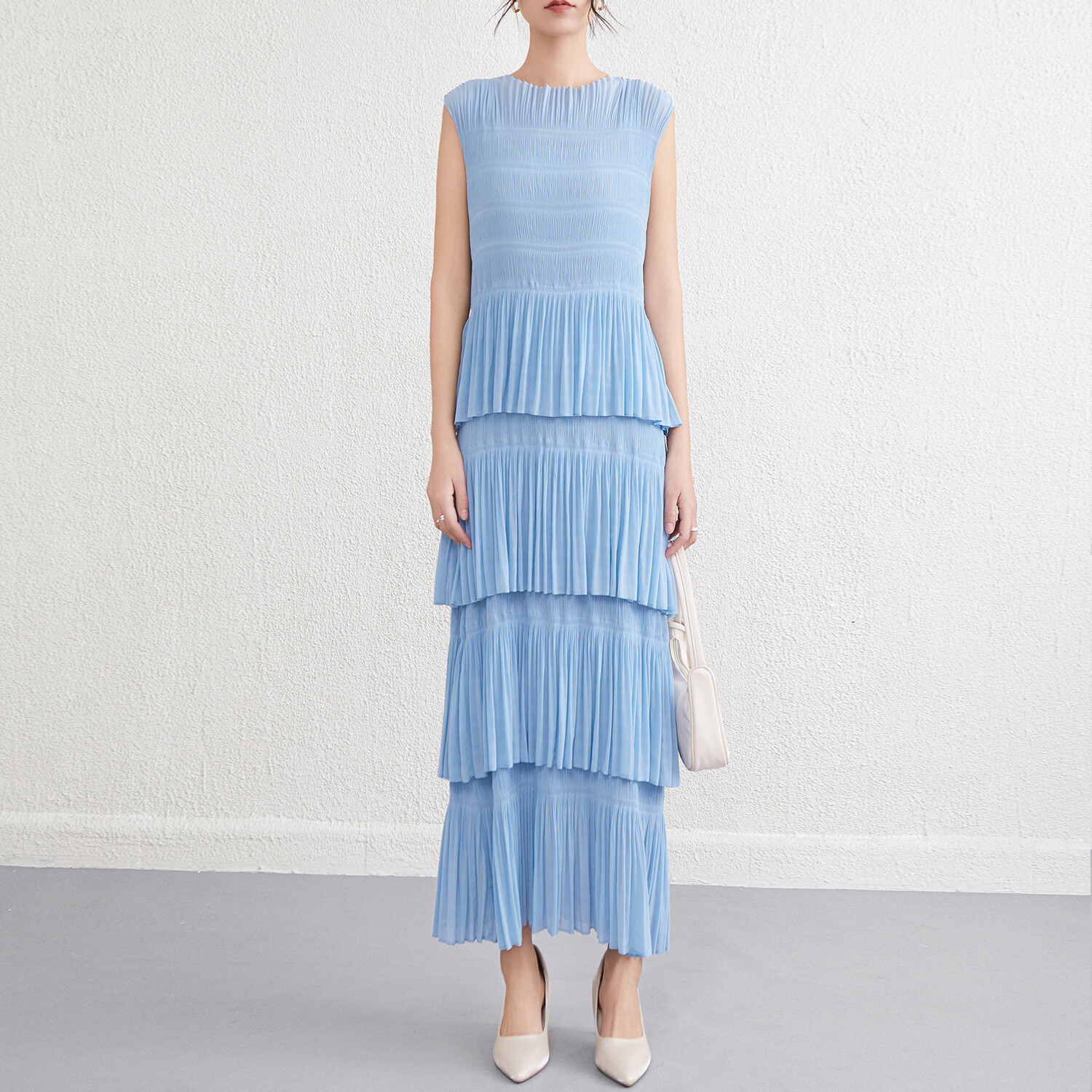 Women Sleeveless Tank Dress Pleated Long Layered Dress Summer Round Neck Holiday