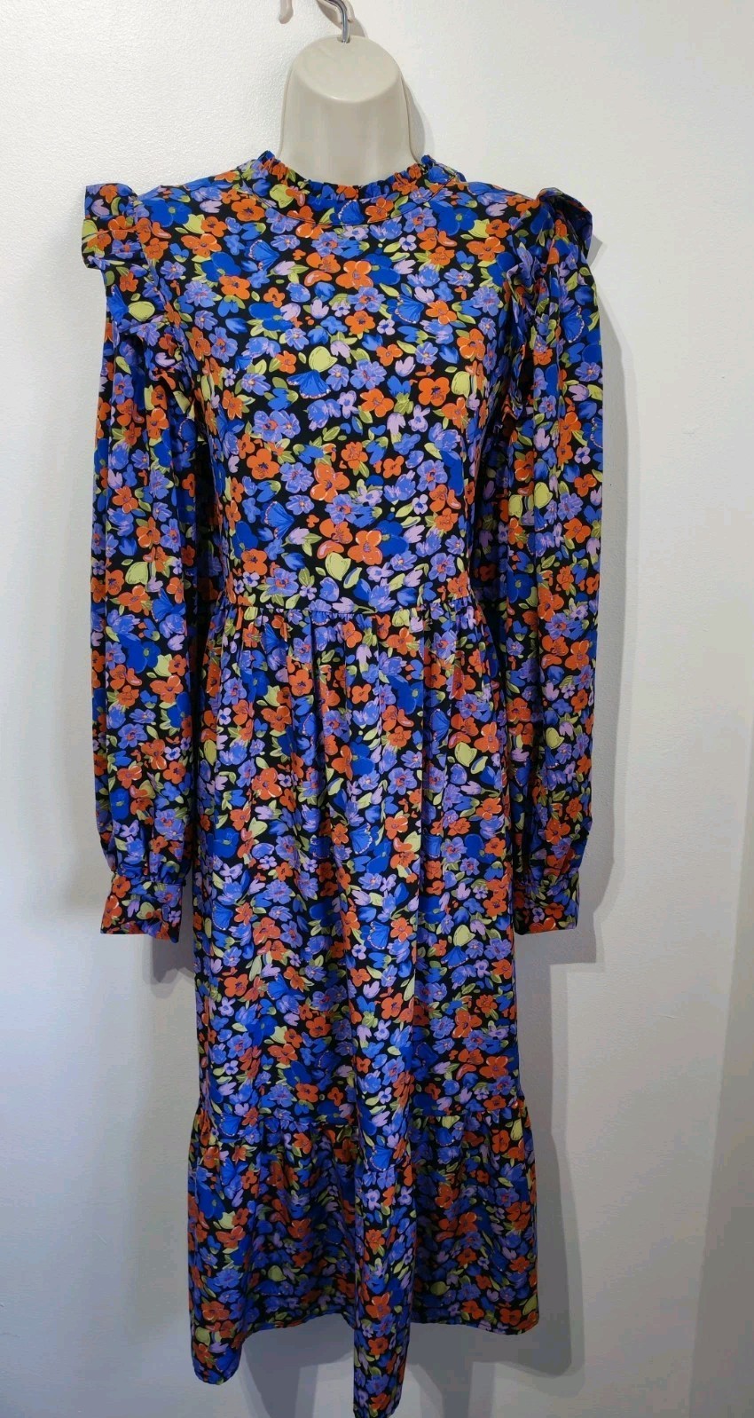 Vila purple floral long sleeve tiered midi dress 14 boho cottage modest