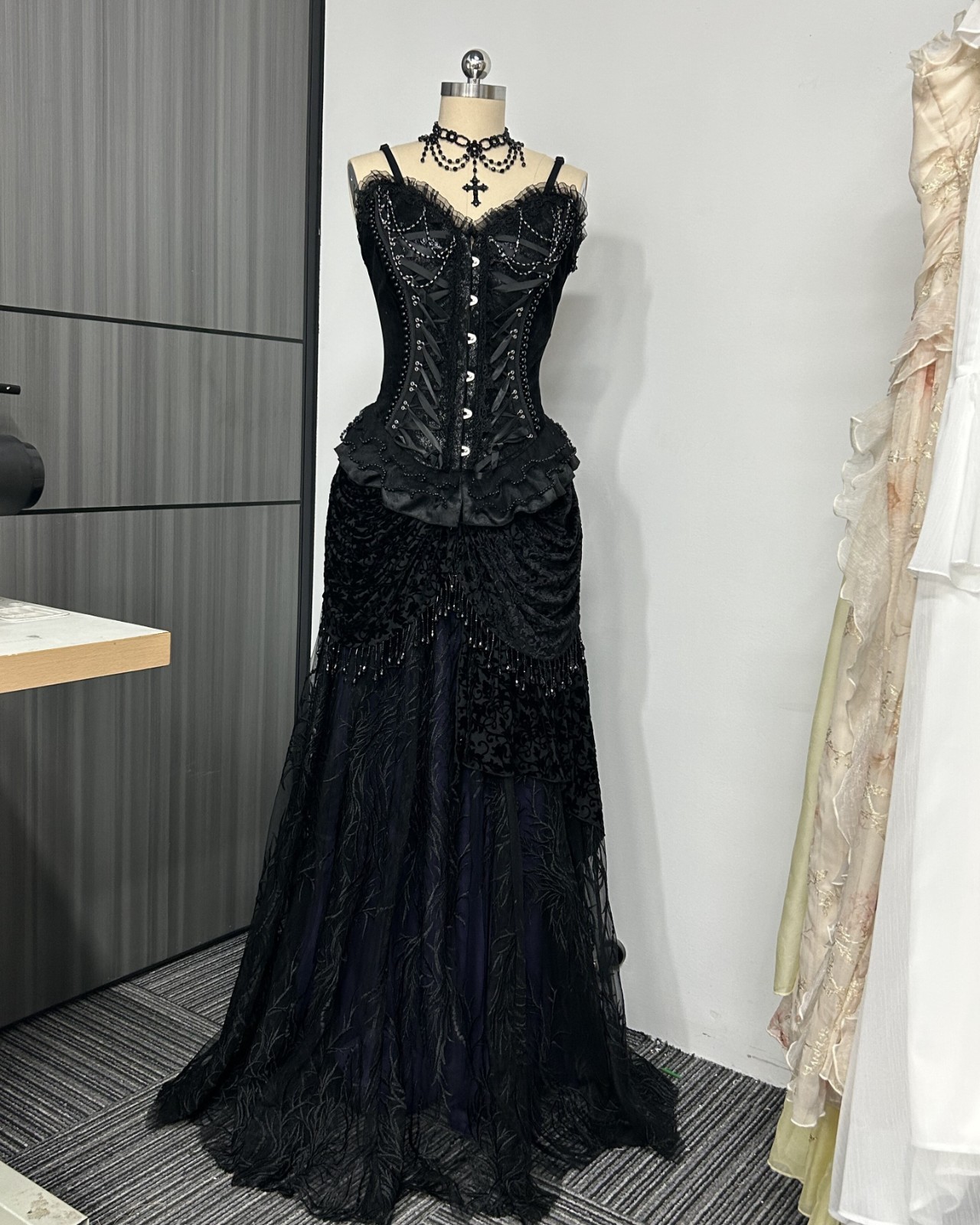 Women’s Gothic Renaissance Corset Two Piece Dress Black Lace Fairy Evening Gown