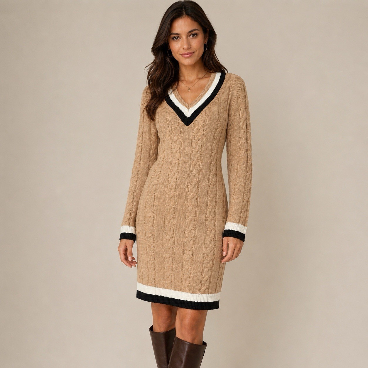 Tommy Hilfiger Chunky Cable Knit Varsity Dress M V Neck Camel Preppy Old Money