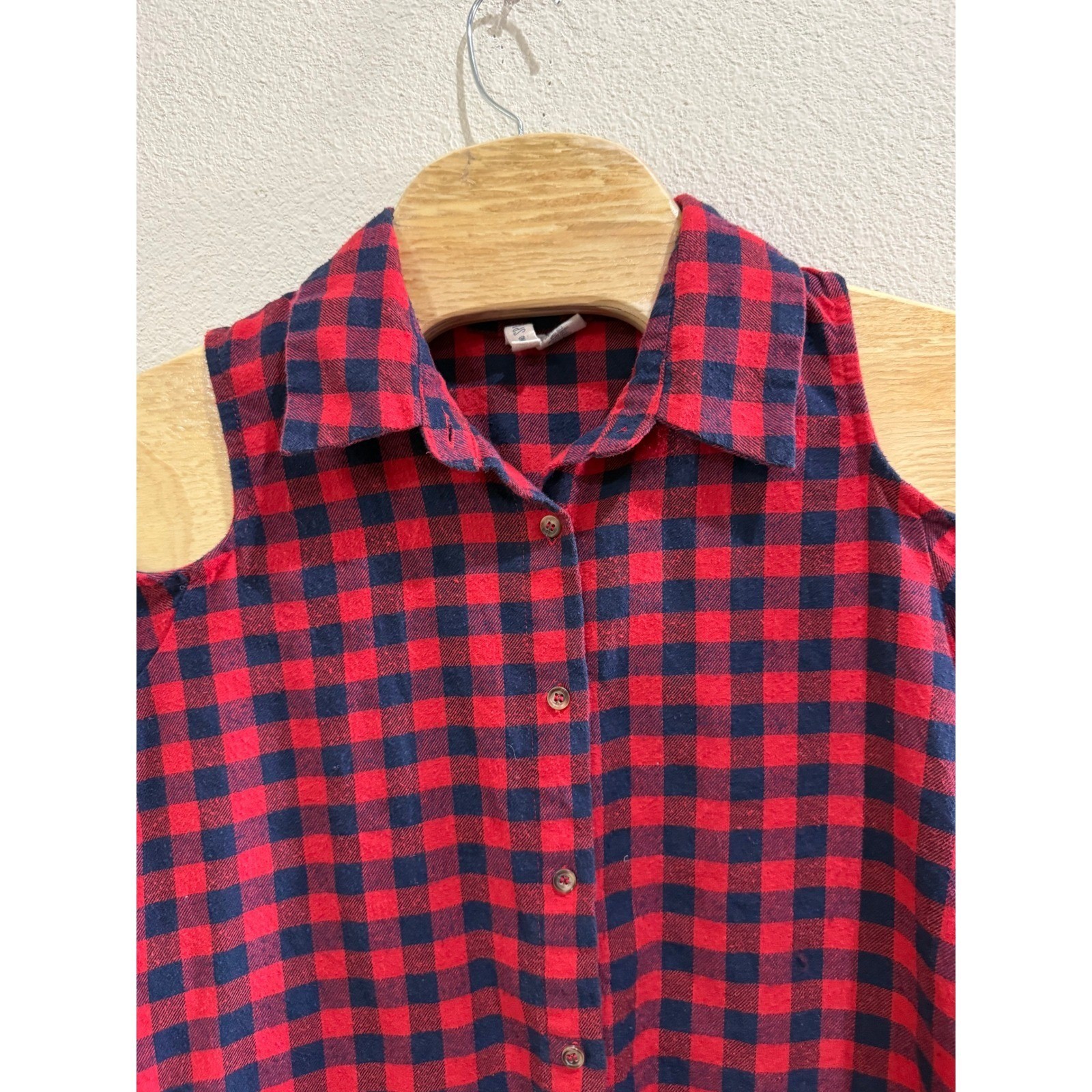 Sky and Sparrow Red Plaid Dress Collared Button Down Long Sleeve Cold Shoulder S