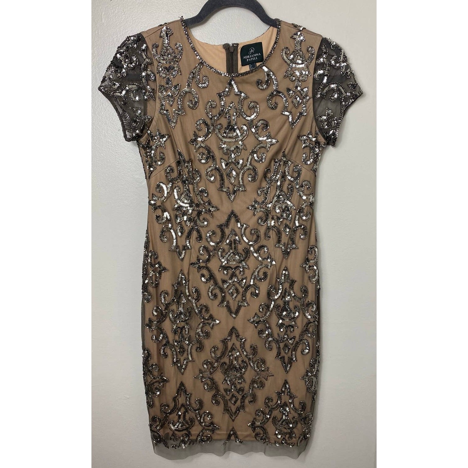 ADRIANNA PAPELL DRESS 2 SEQUIN BEADED WEDDING GUEST COCKTAIL PARTY SHORT DAMASK