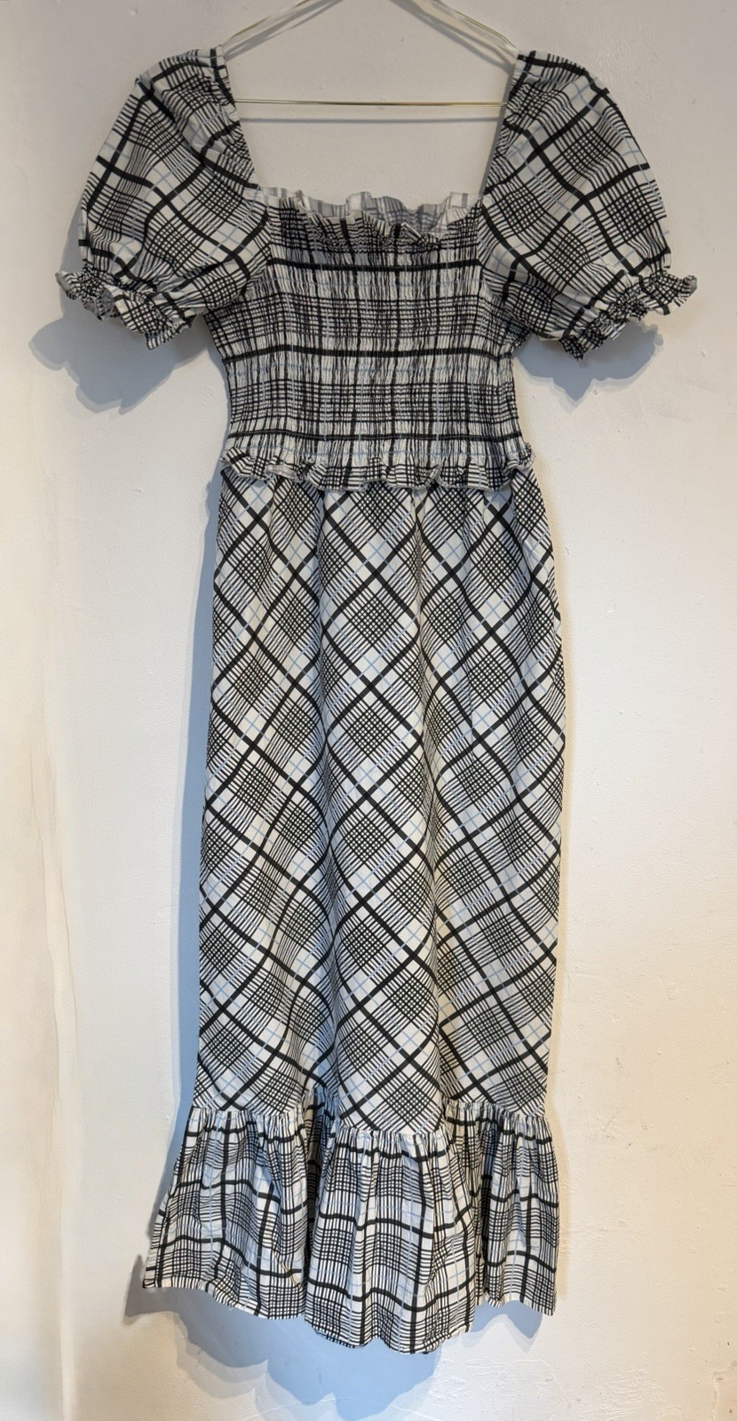 Topshop Maxi Milkmaid Style Smocked Dress Size 12 white blue black checkered