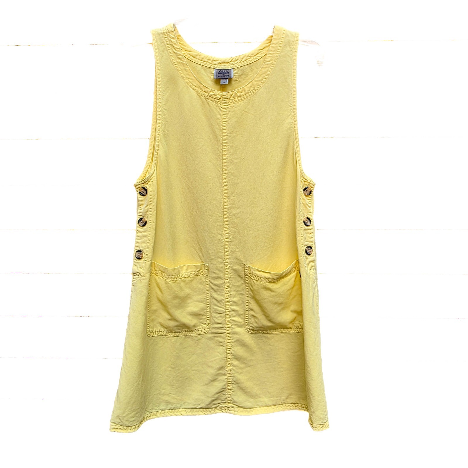 Vtg Y2K AKS Nordstrom USA Jumper Dress S Yellow Lyocell Pockets Lagenlook