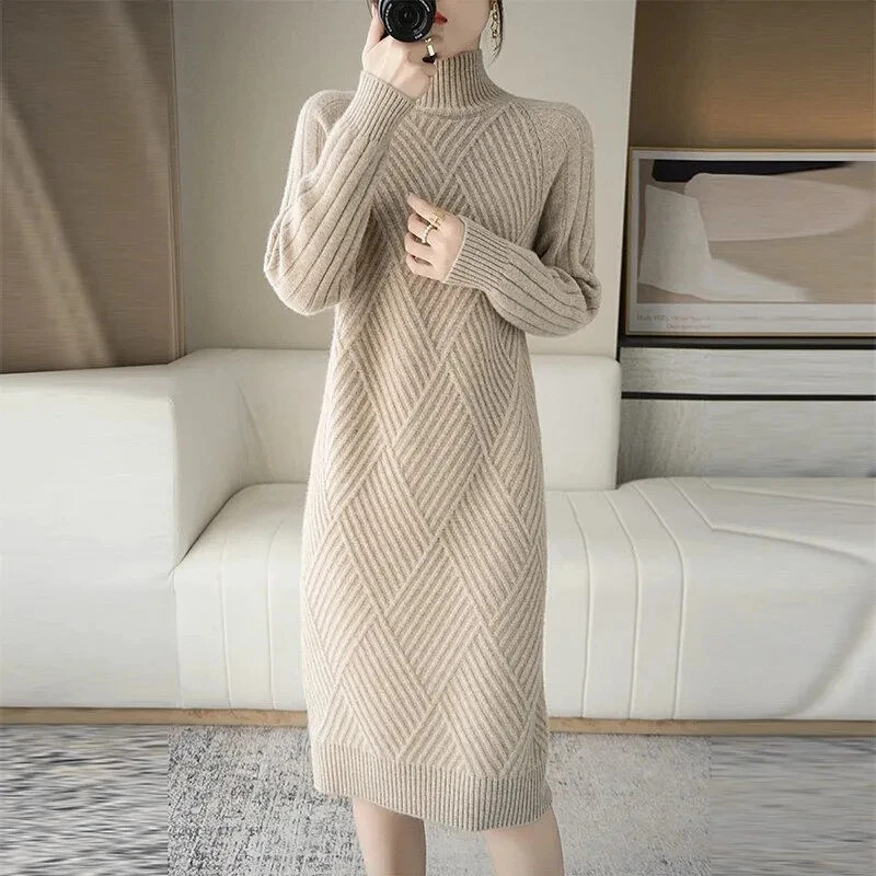 Autumn Winter Warm Knitted Turtleneck Sweater Dress Women Dresses Long Sleeve