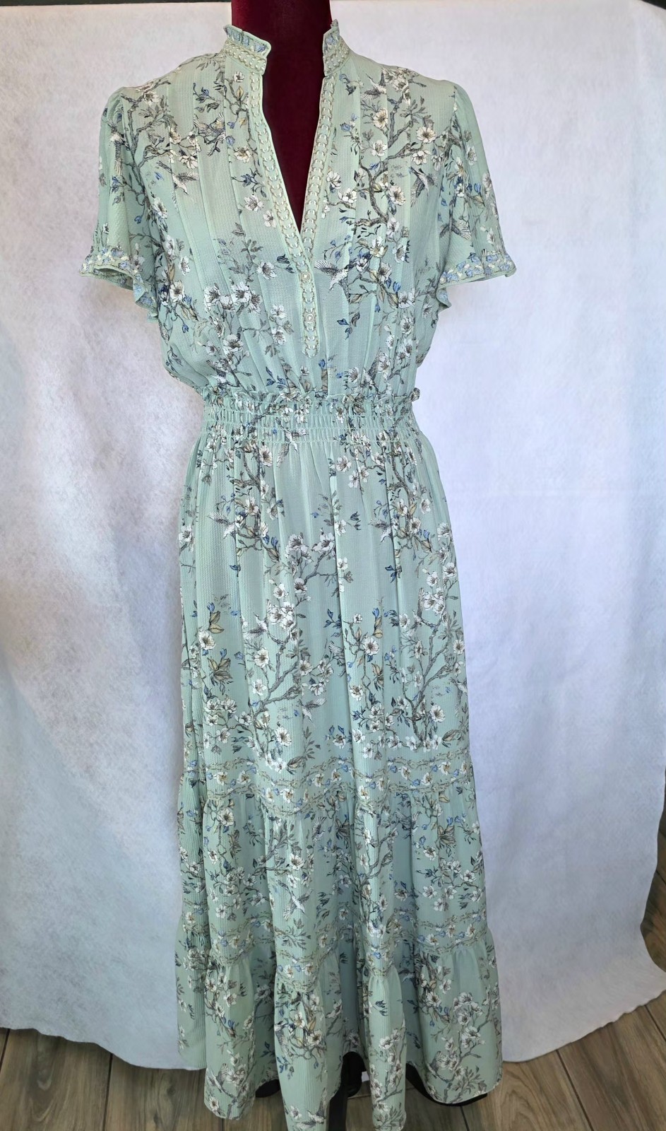 PRICE DROP – Max Studio Mint Green Floral Tired Maxi Dress L