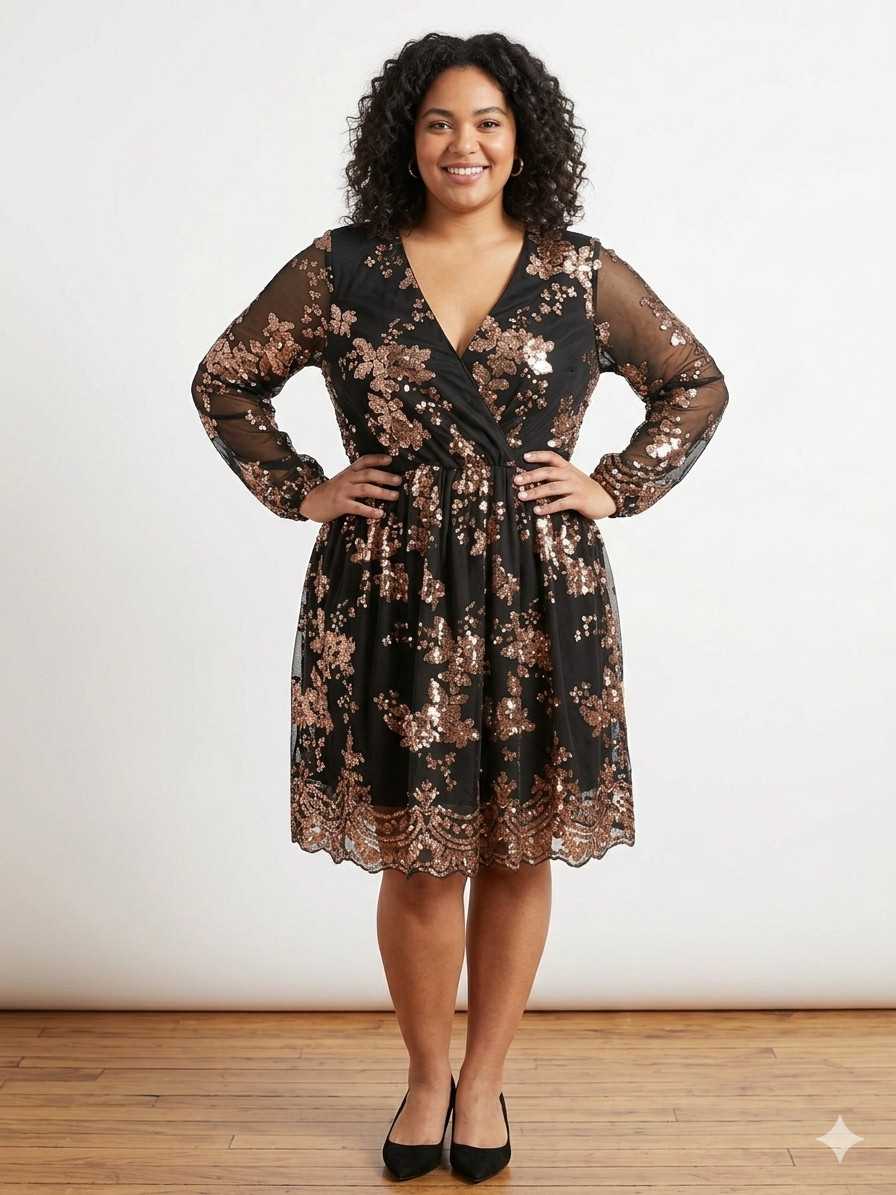 Black Rose Gold Sequin Floral Mini Dress V-Neck Long Sleeve Plus Sizes