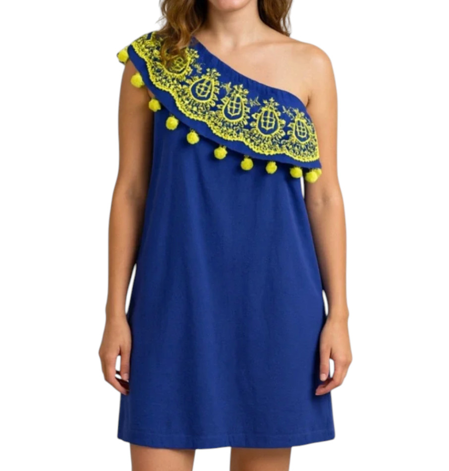 LILLY PULITZER Idara One Shoulder Dress RUFFLE & POM-POMS Blue w/Green-Yellow S