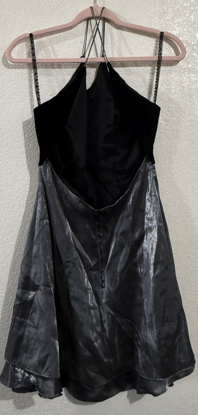 Mini Black Gray Satin Halter Fit & Flare Rhinestone Zip Dress 11/12