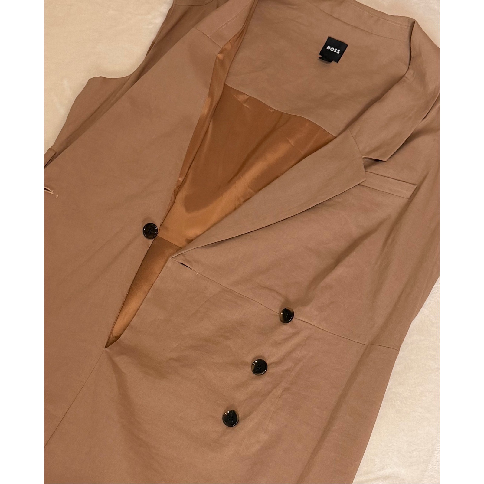 BOSS Hugo Boss Sleeveless Blazer Wrap Dress Camel Brown Linen Blend Womens Sz 16