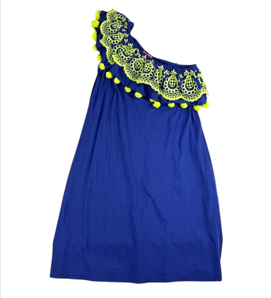 LILLY PULITZER Idara One Shoulder Dress RUFFLE & POM-POMS Blue w/Green-Yellow S