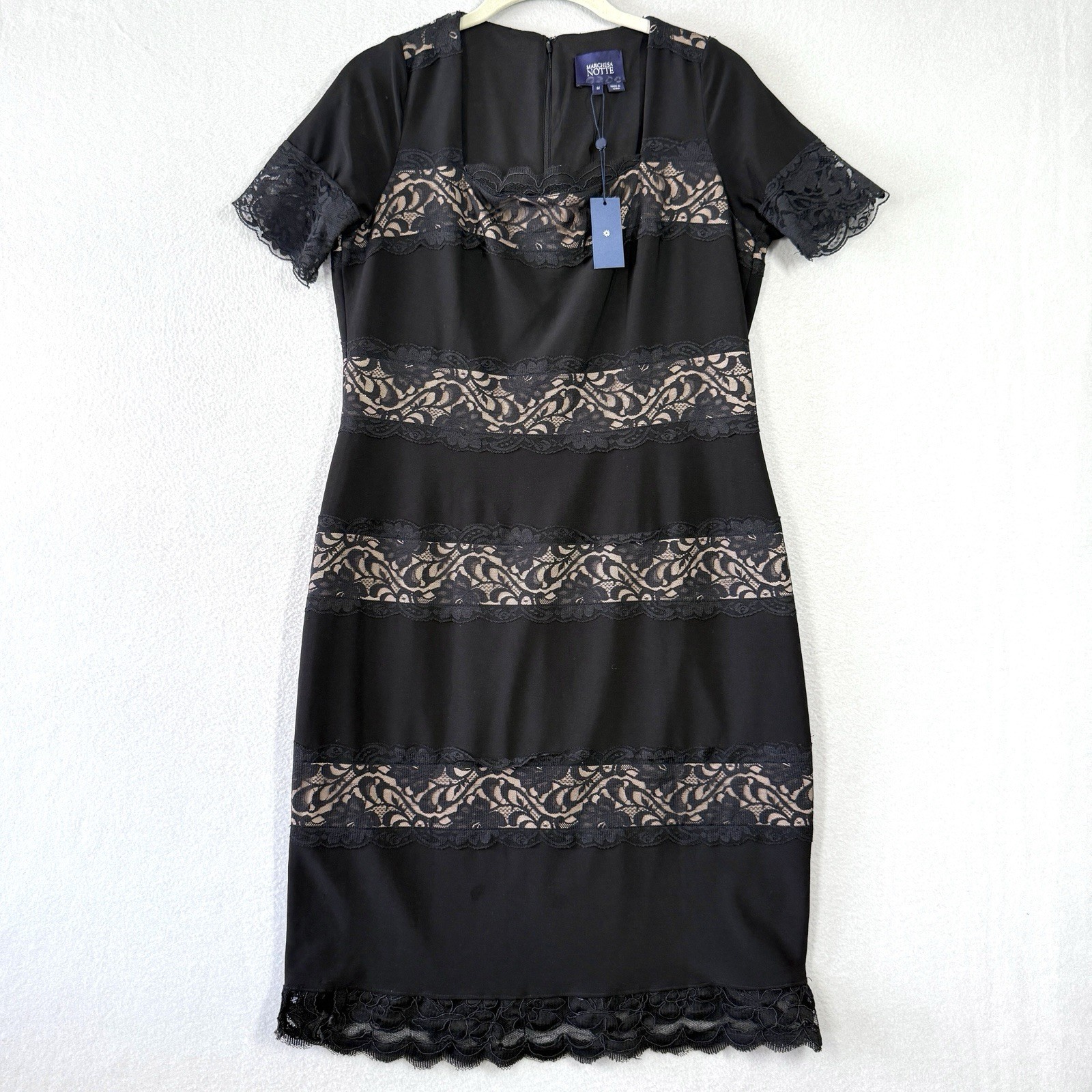 Marchesa Notte Dress Womens 14 Sheath Floral Lace Stripe Black Lined NEW READ
