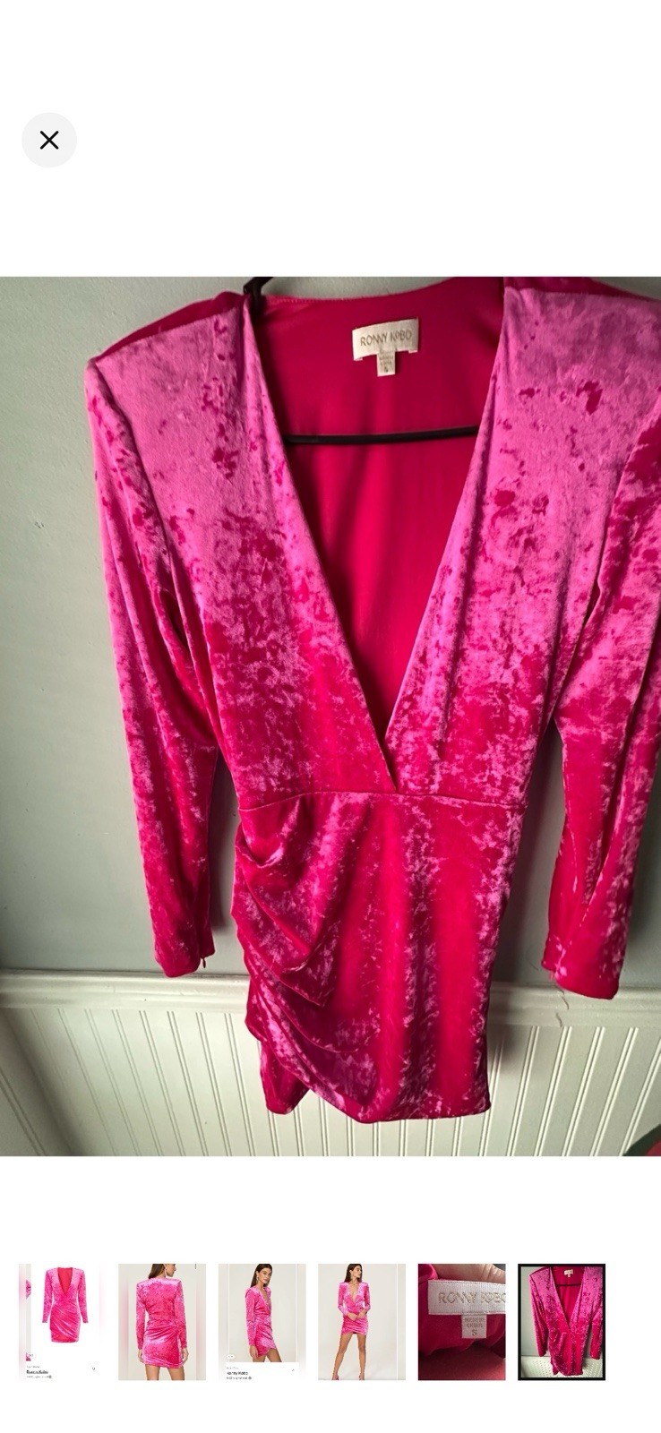 Ronny Kobo Pink V-Neck Long Sleeve Ruched Velvet Bodycon Mini Dress Size S