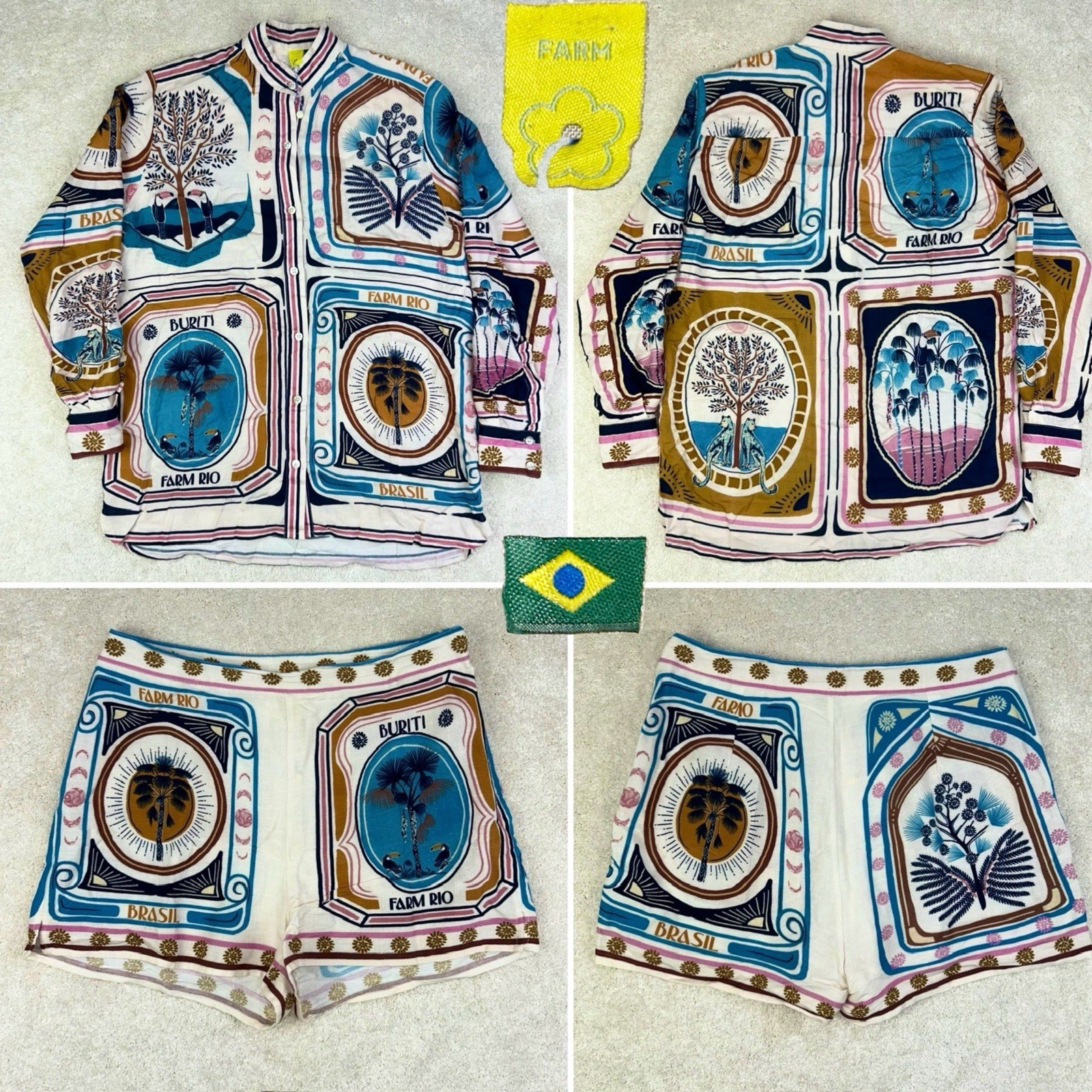 FARM RIO Brazil Women’s Cerrado Stamps Print Linen Blend Button Shirt Set XS/XL