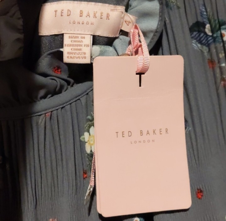 Ted Baker Oracle Mock Neck Midi Ruffle Gray Pleated Sleeveless Floral Size 4