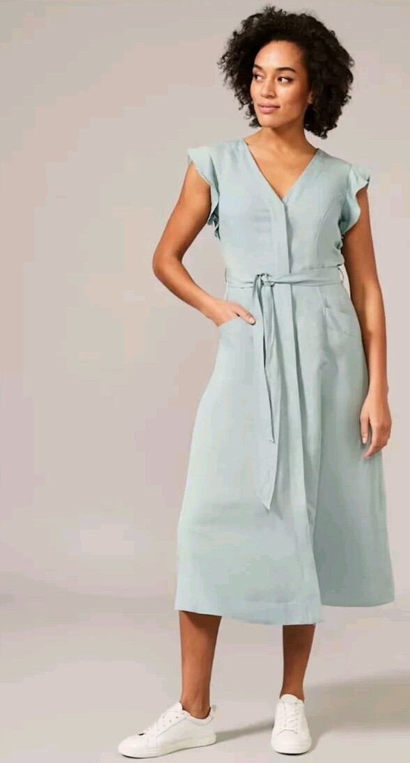Phase Eight Green Linen Blend Midi Dress Size 12 Button Down NEW!