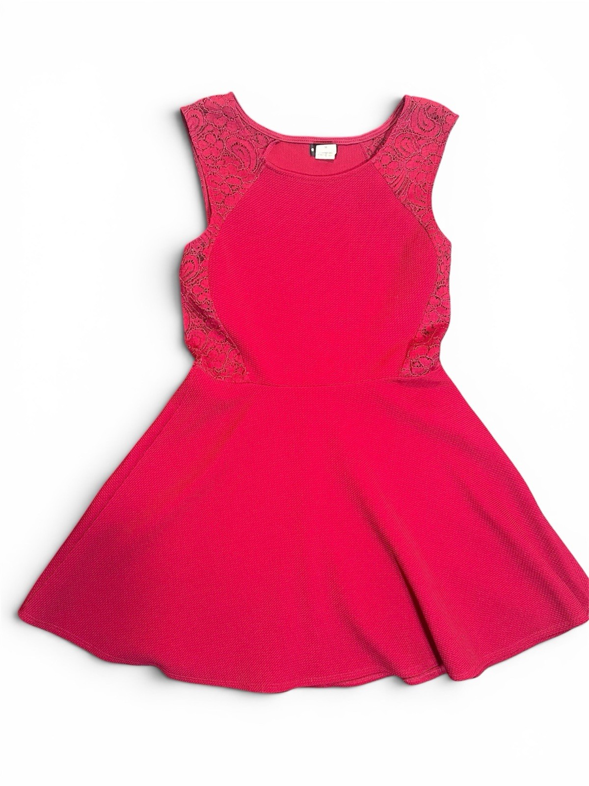 deb Women’s Solid Red Fit & Flare Sleeveless Lace Accent Short Dress, M